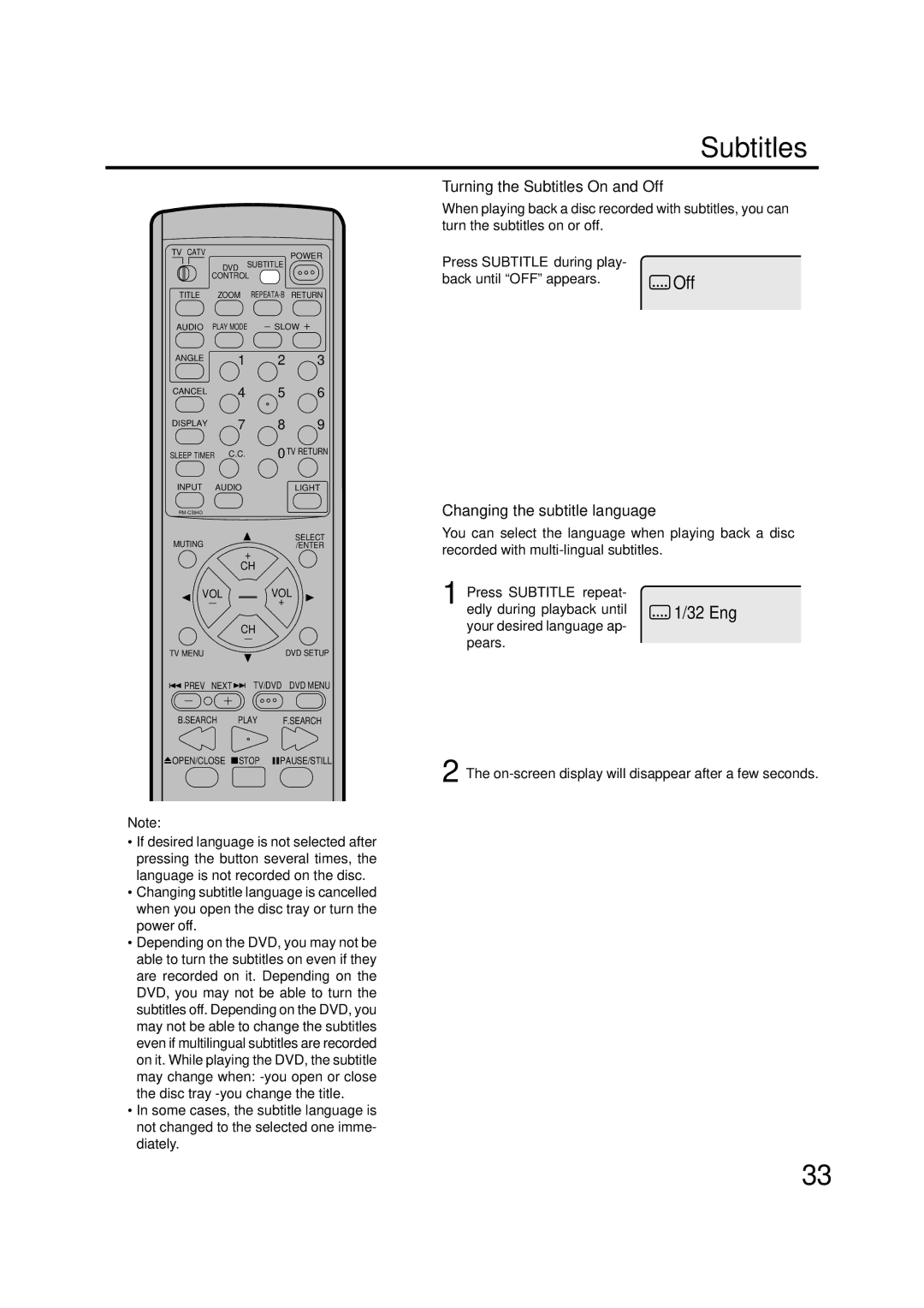 JVC AV-20FD22 manual Turning the Subtitles On and Off, Changing the subtitle language 