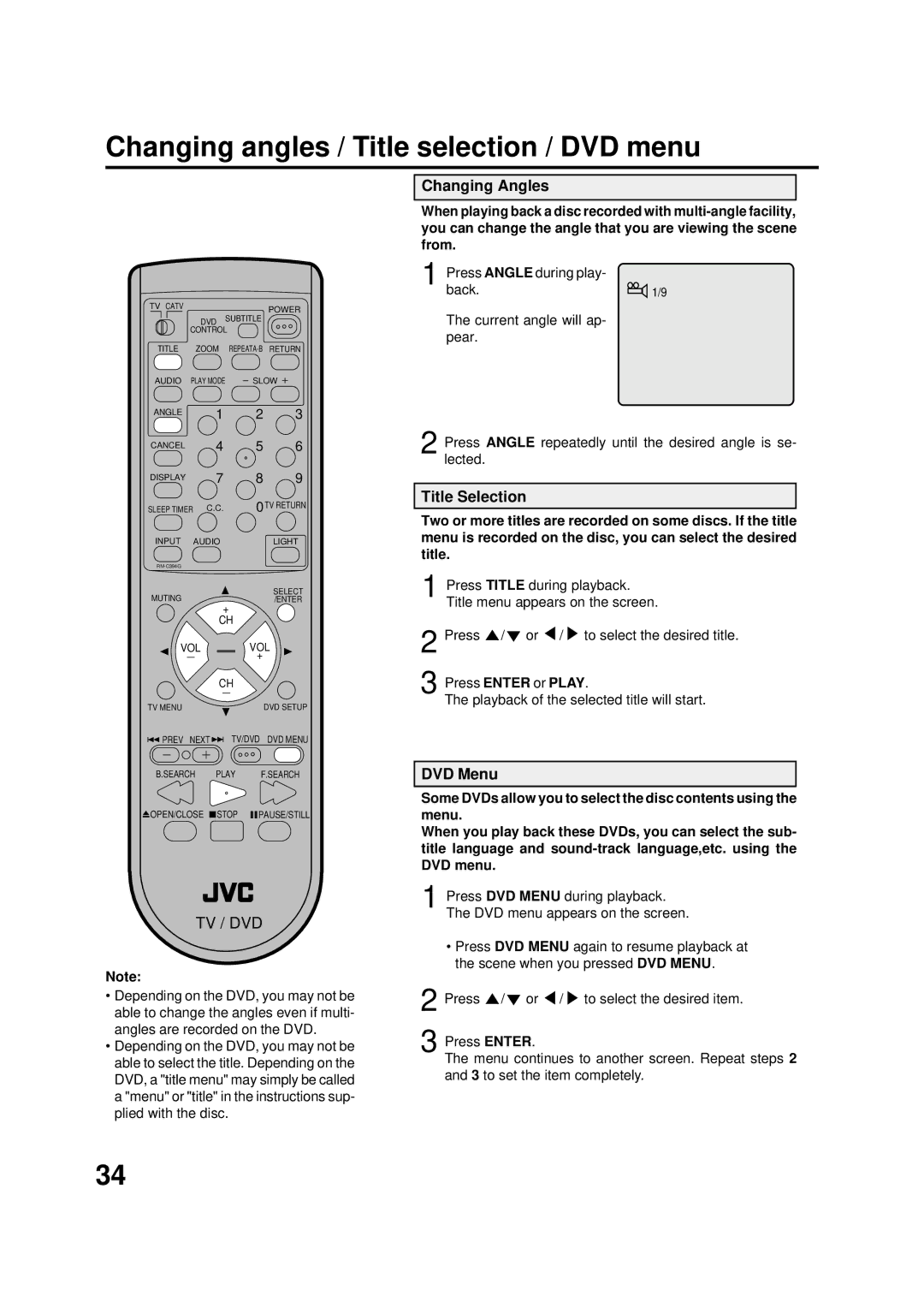 JVC AV-20FD22 manual Changing angles / Title selection / DVD menu, Changing Angles, Title Selection, DVD Menu 