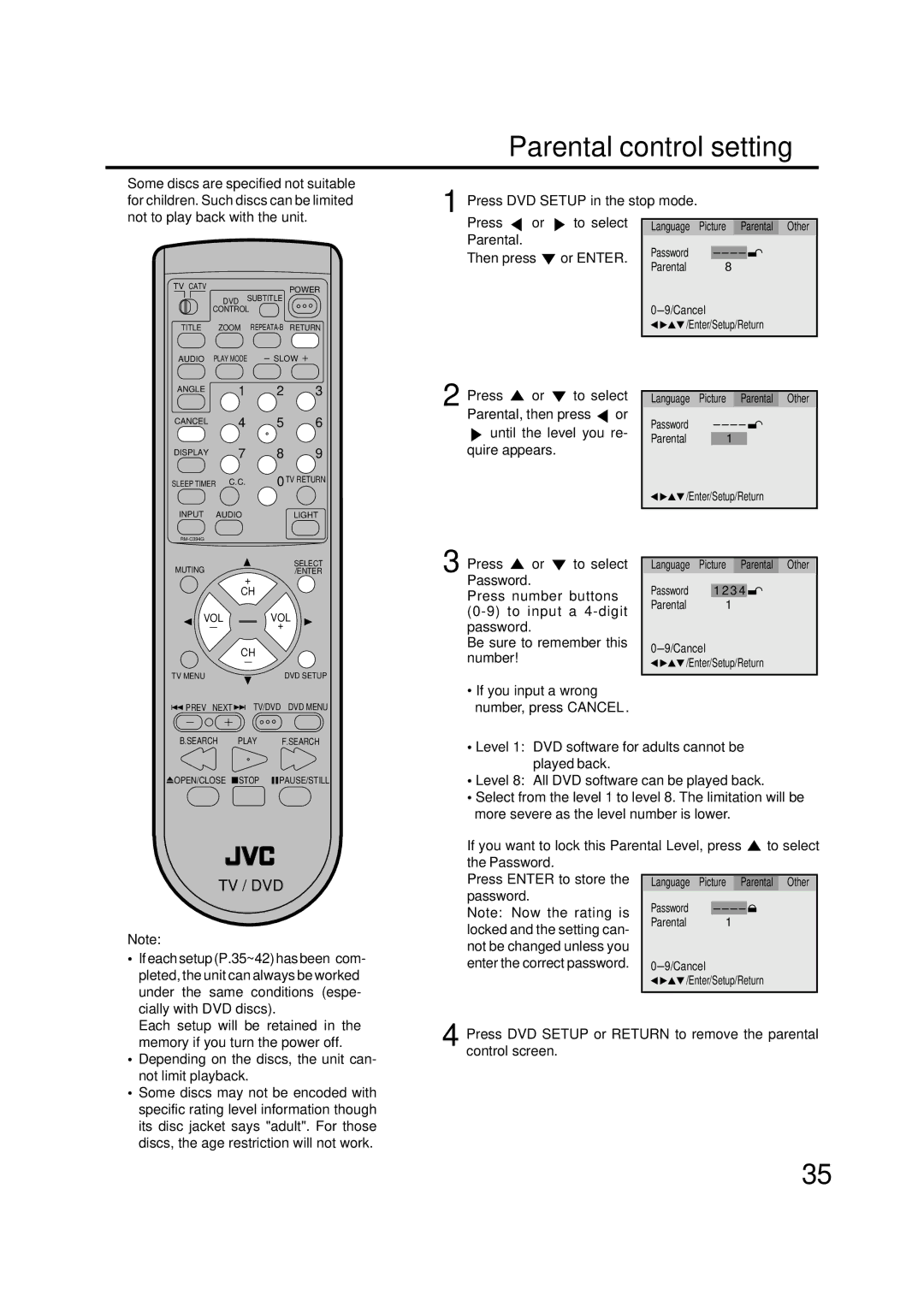 JVC AV-20FD22 manual Parental control setting, Or Enter, Press number buttons 0-9 to input a 4-digit password 