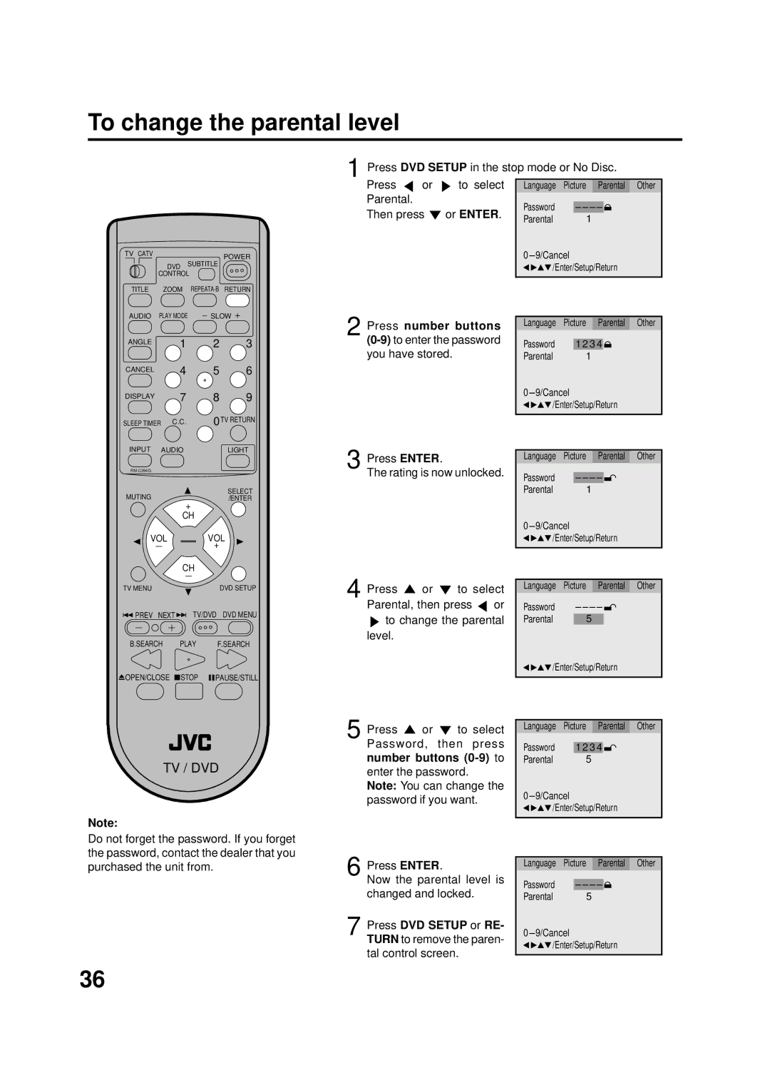 JVC AV-20FD22 manual To change the parental level, Press DVD Setup in the stop mode or No Disc, Number buttons 0-9 to 