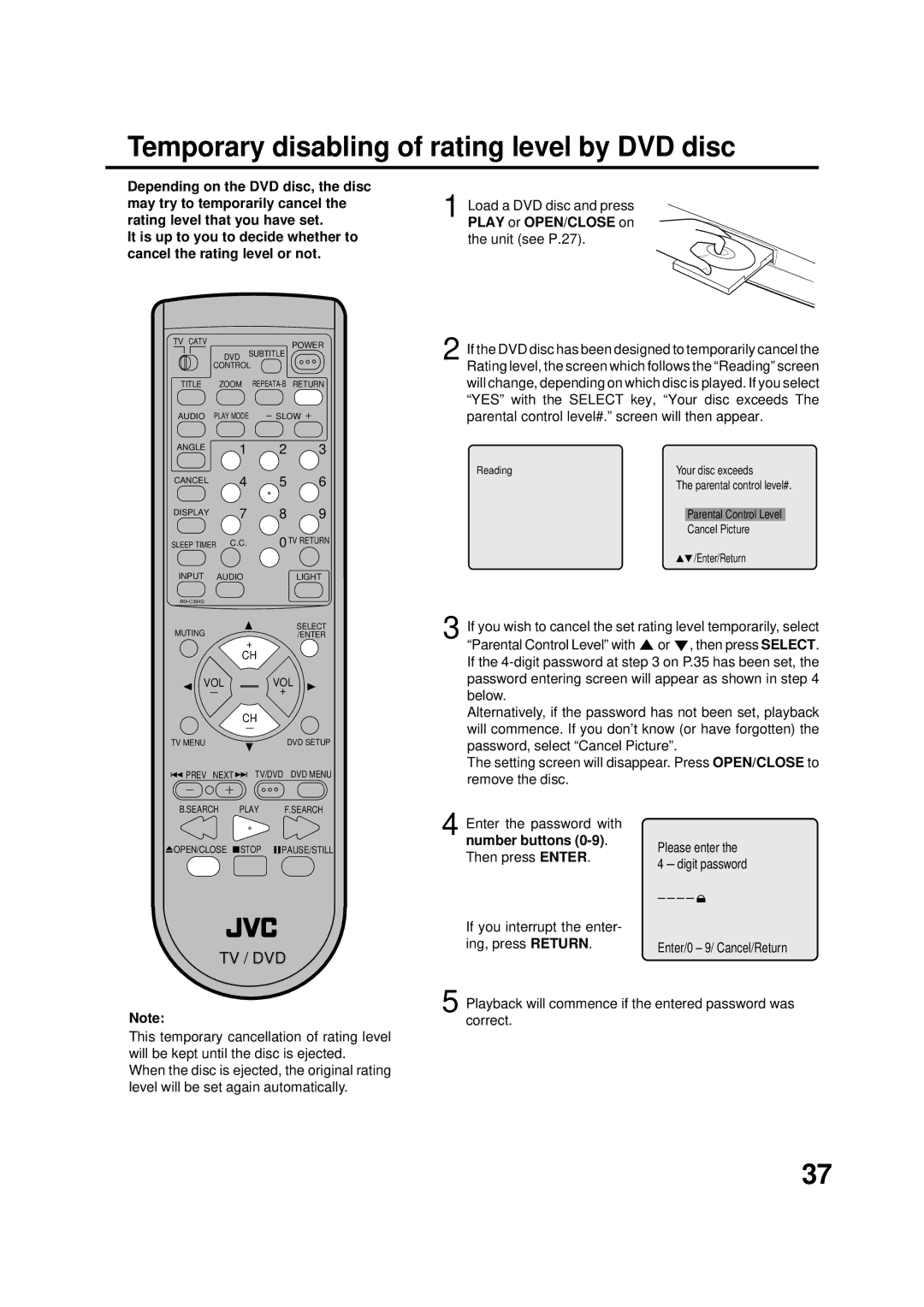 JVC AV-20FD22 manual Temporary disabling of rating level by DVD disc 