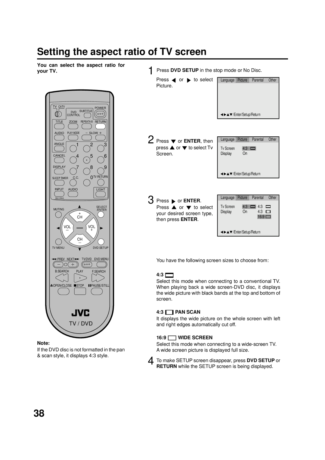 JVC AV-20FD22 Setting the aspect ratio of TV screen, You can select the aspect ratio for your TV, PAN Scan, Wide Screen 