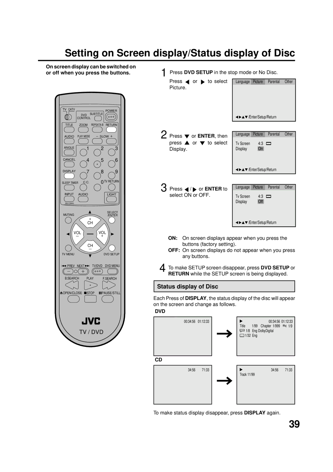 JVC AV-20FD22 manual Setting on Screen display/Status display of Disc, Press / or Enter to, Select on or OFF, Dvd 