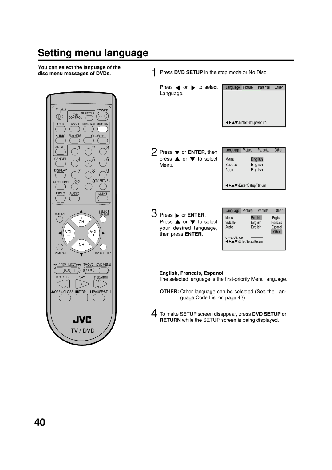 JVC AV-20FD22 manual Setting menu language, English, Francais, Espanol 