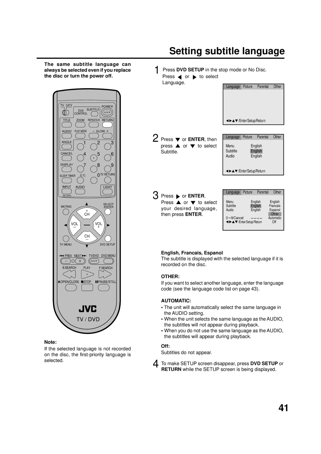 JVC AV-20FD22 manual Setting subtitle language, Press or ENTER, then Press or to select Subtitle, Other, Automatic, Off 