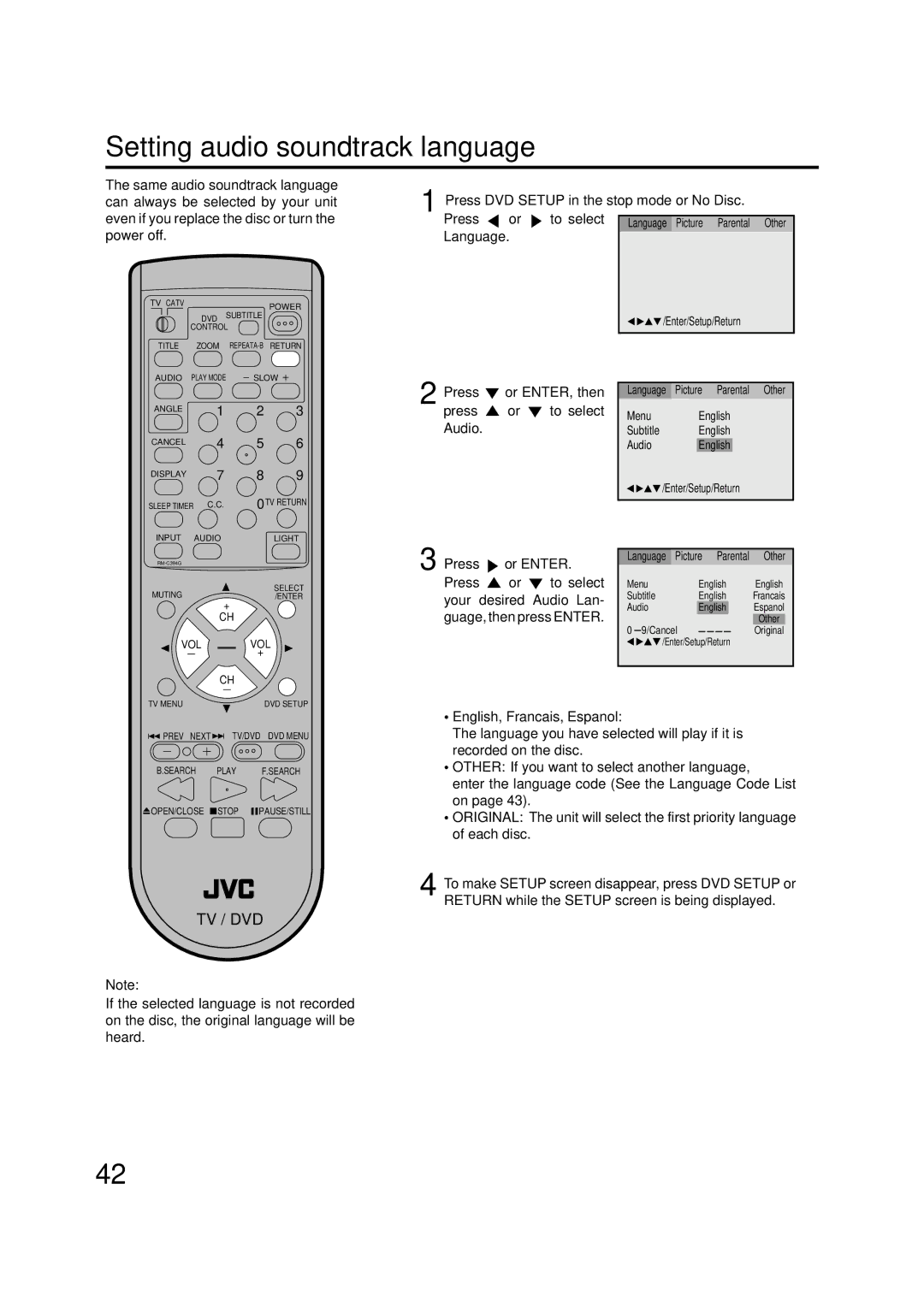 JVC AV-20FD22 manual Setting audio soundtrack language, Your desired Audio Lan, Guage, then press Enter 