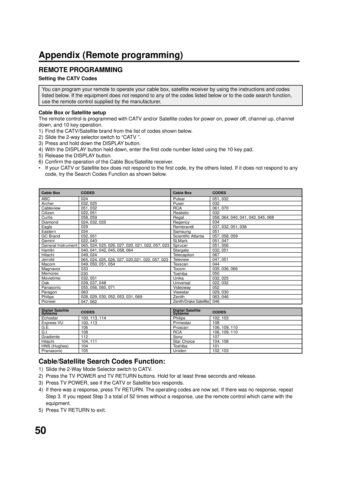 JVC AV-20FD22 manual Setting the Catv Codes, Cable Box or Satellite setup 