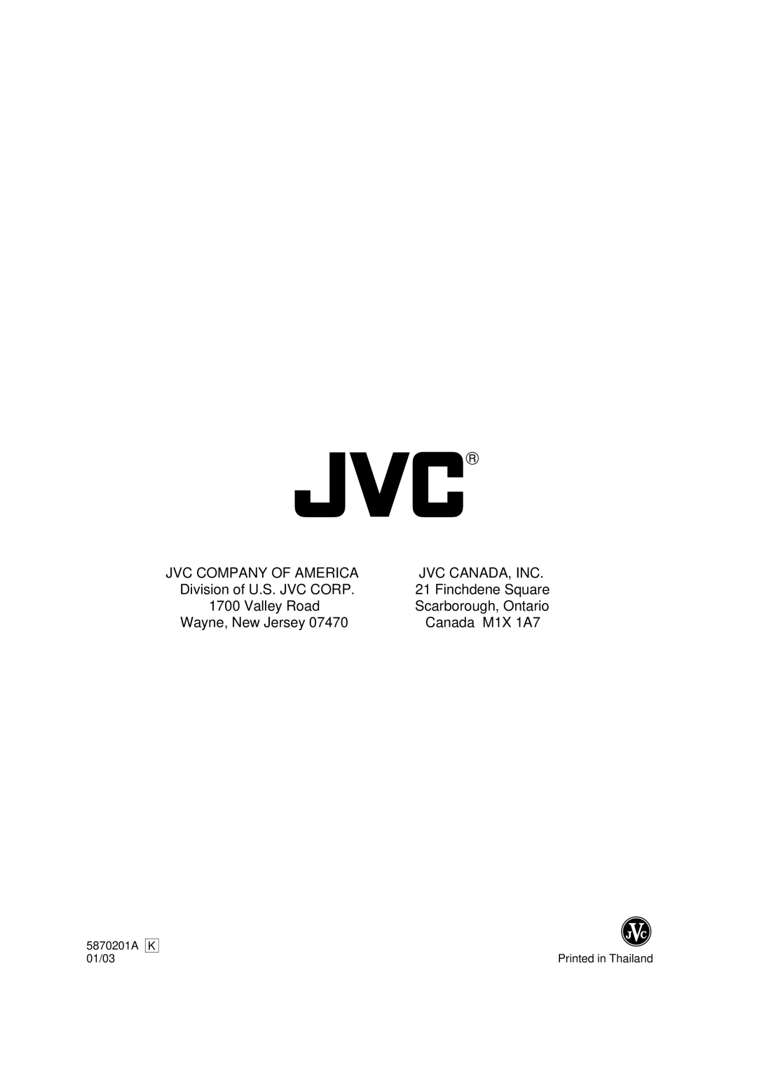 JVC AV-20FD22 manual JVC Company of America JVC CANADA, INC, 5870201A 01/03 