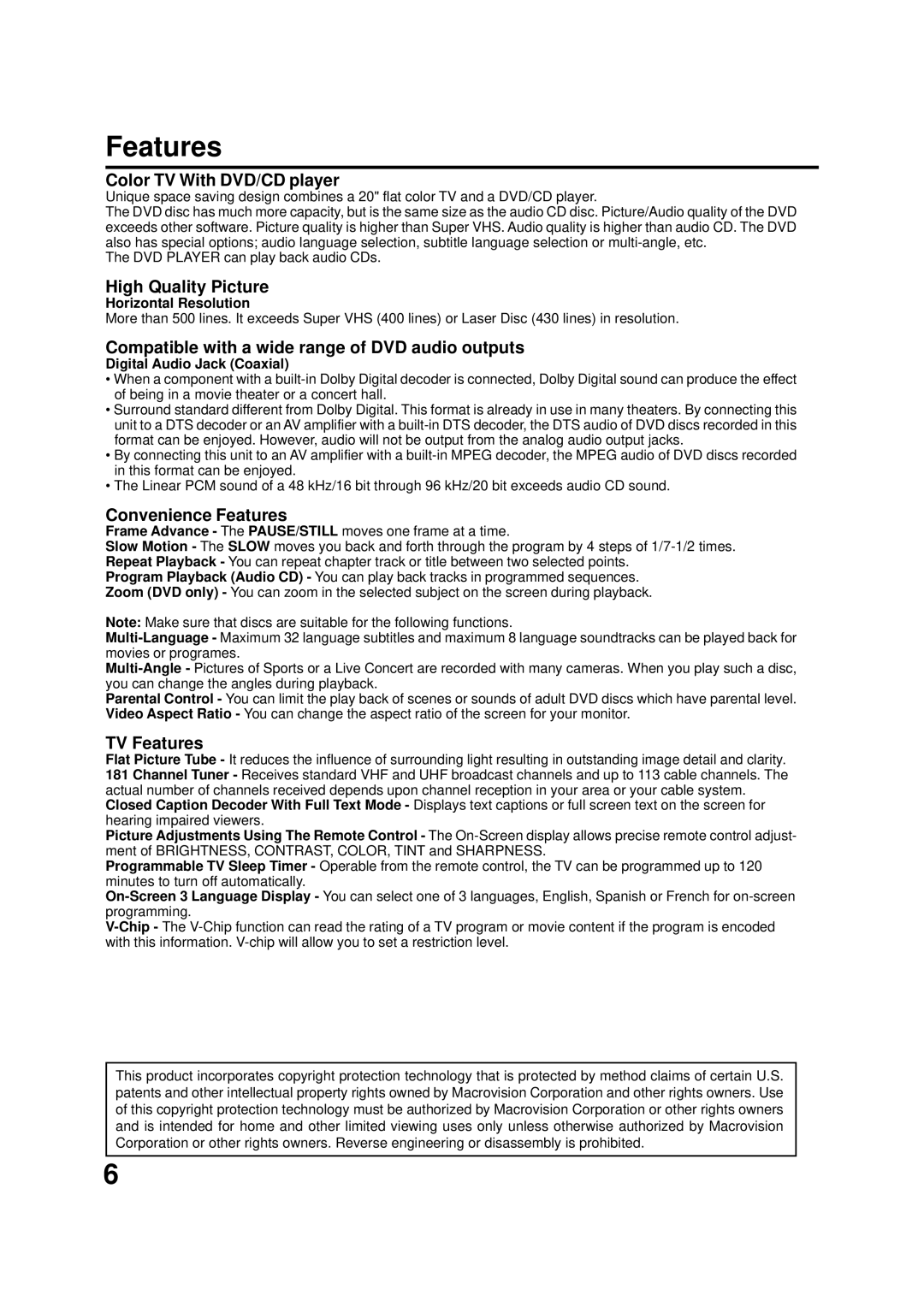 JVC AV-20FD22 manual Features, Horizontal Resolution, Digital Audio Jack Coaxial 