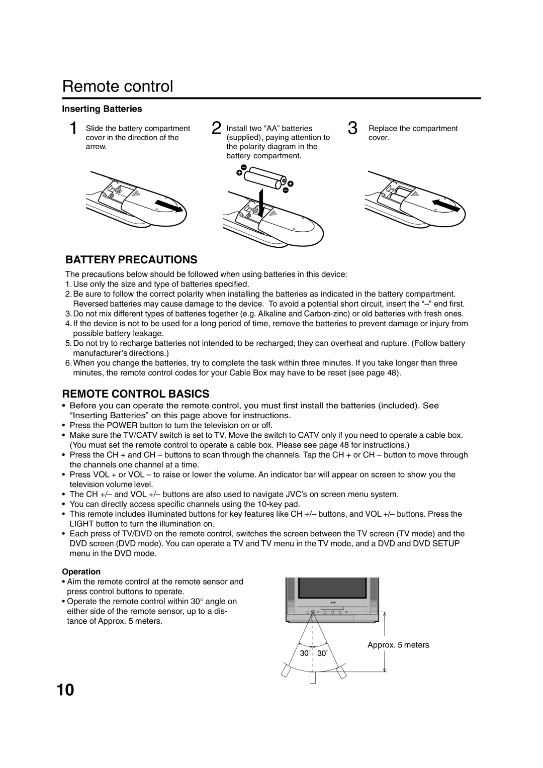 JVC AV-20FD24 manual Inserting Batteries, Operation 