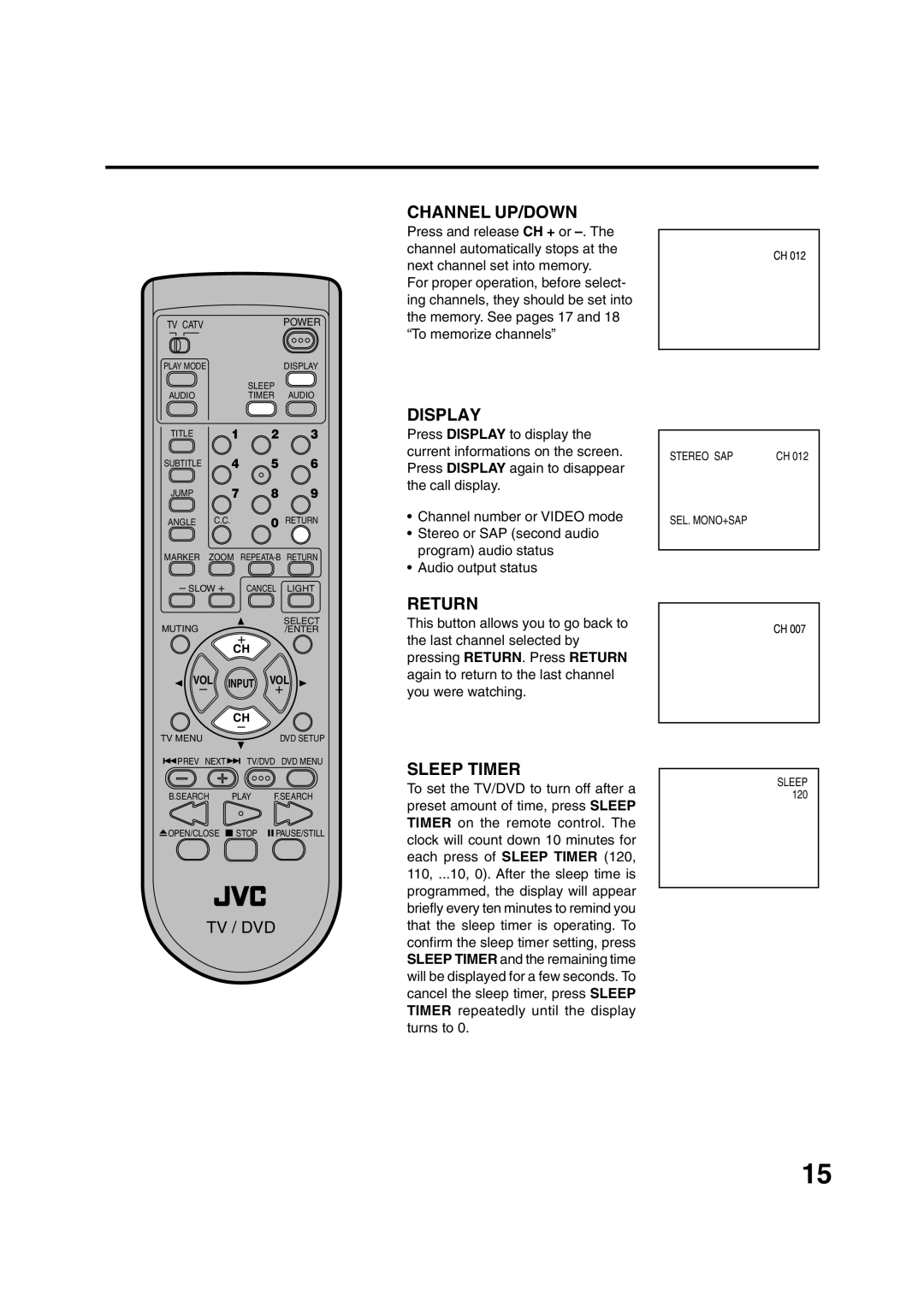 JVC AV-20FD24 manual Channel UP/DOWN, Display, Return, Sleep Timer 