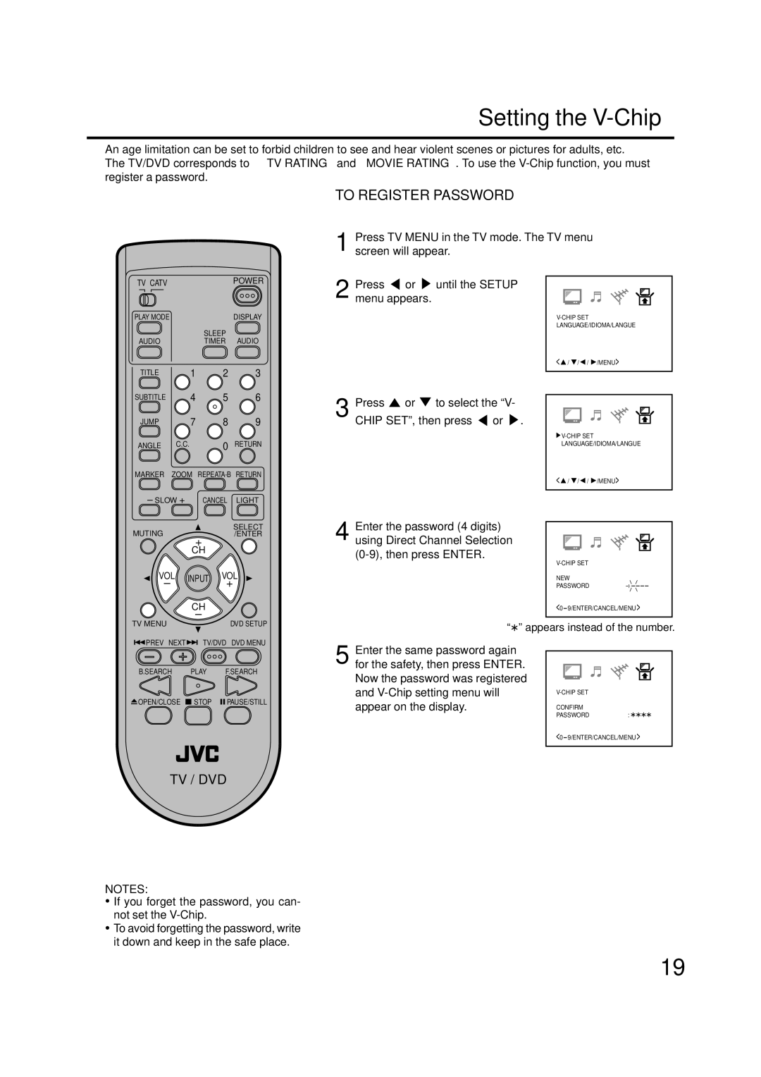 JVC AV-20FD24 manual Setting the V-Chip, To Register Password, If you forget the password, you can- not set the V-Chip 