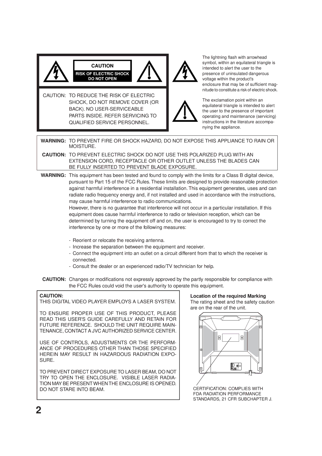 JVC AV-20FD24 manual This Digital Video Player Employs a Laser System 