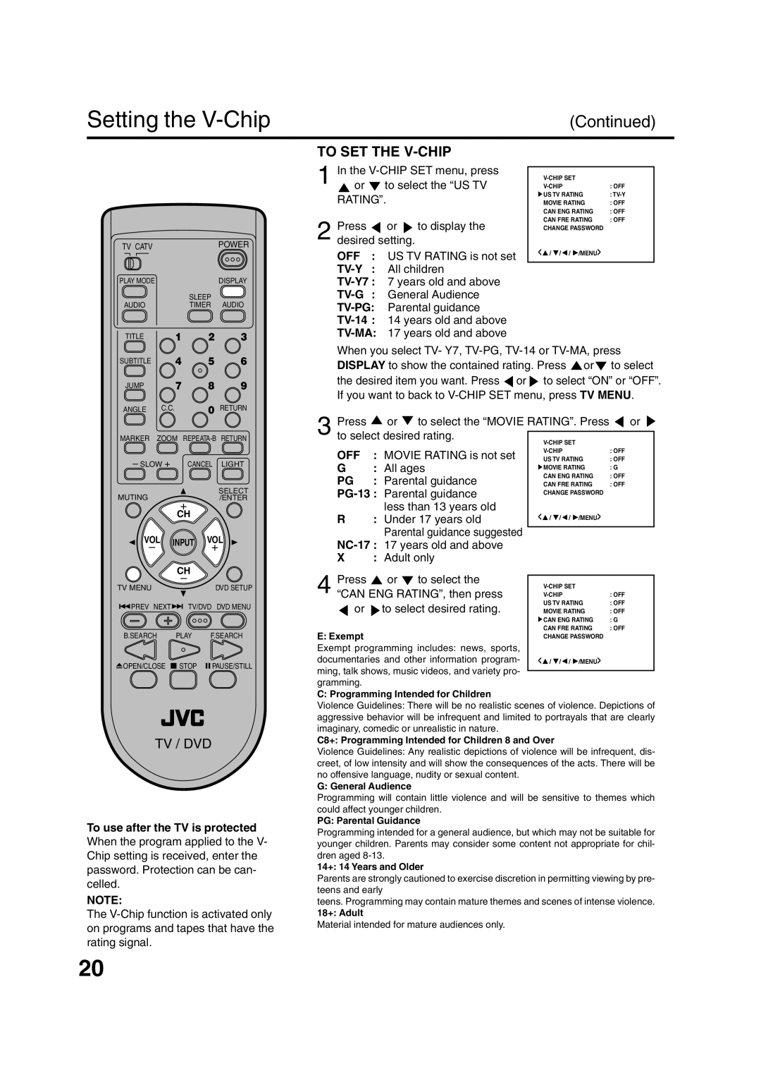 JVC AV-20FD24 manual To SET the V-CHIP, Off 