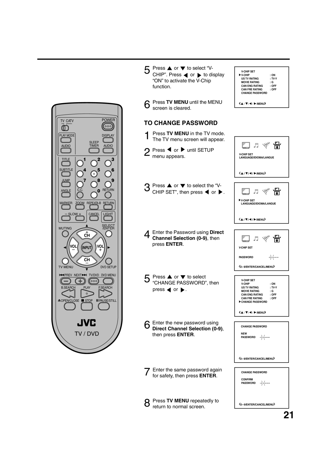 JVC AV-20FD24 manual To Change Password, Press TV Menu repeatedly to return to normal screen 