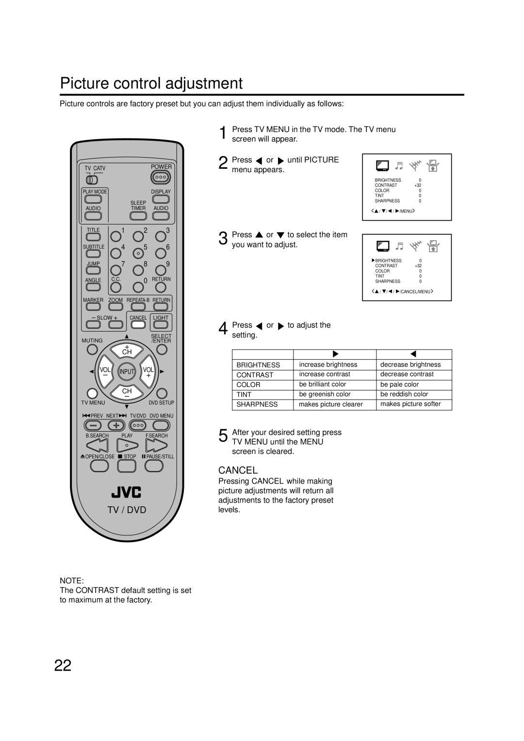 JVC AV-20FD24 manual Picture control adjustment, Cancel 