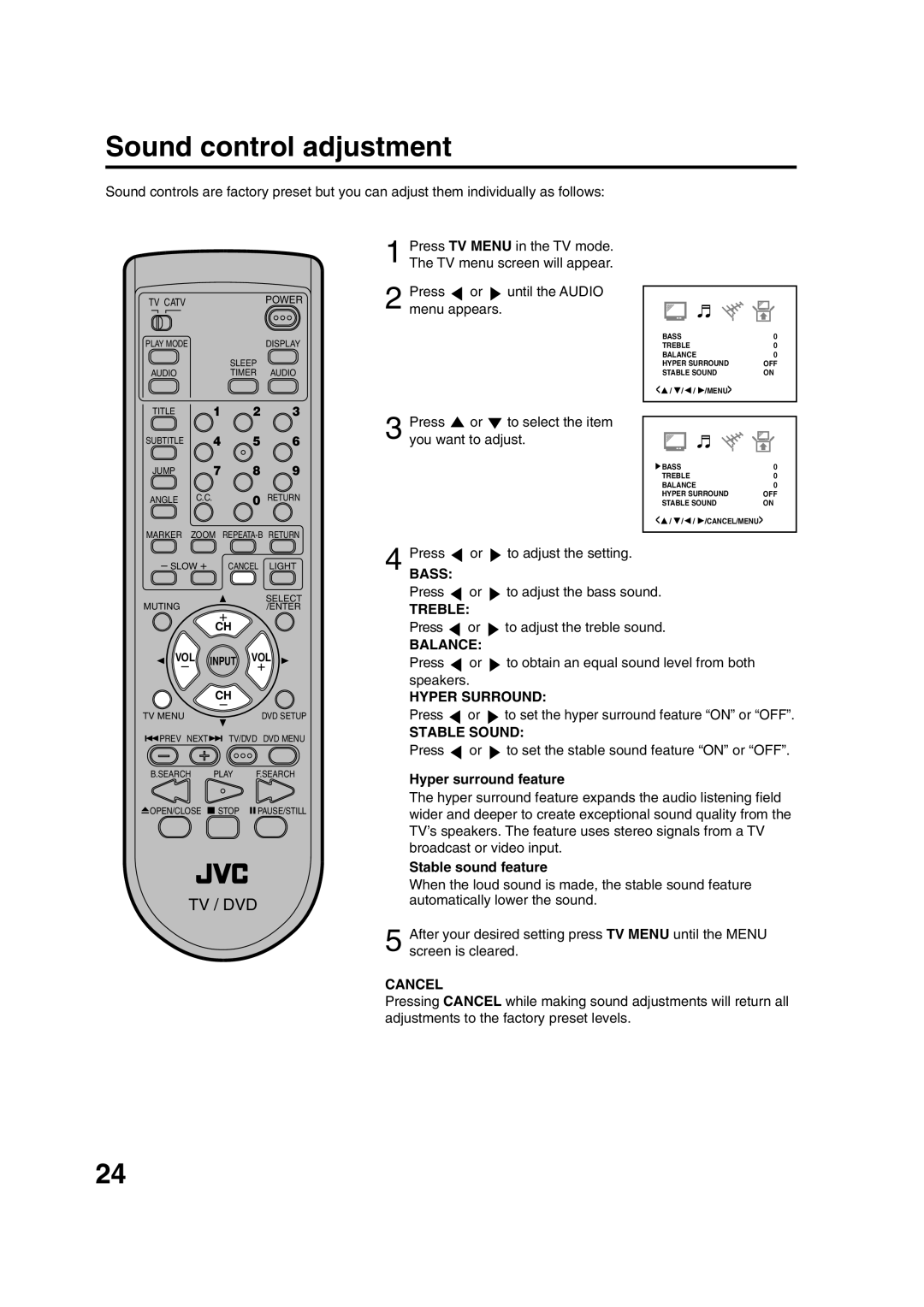 JVC AV-20FD24 manual Sound control adjustment 