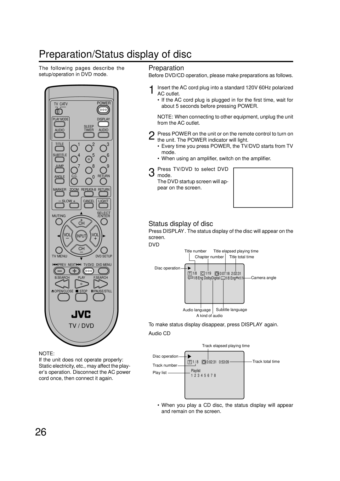 JVC AV-20FD24 manual Preparation/Status display of disc, Dvd 