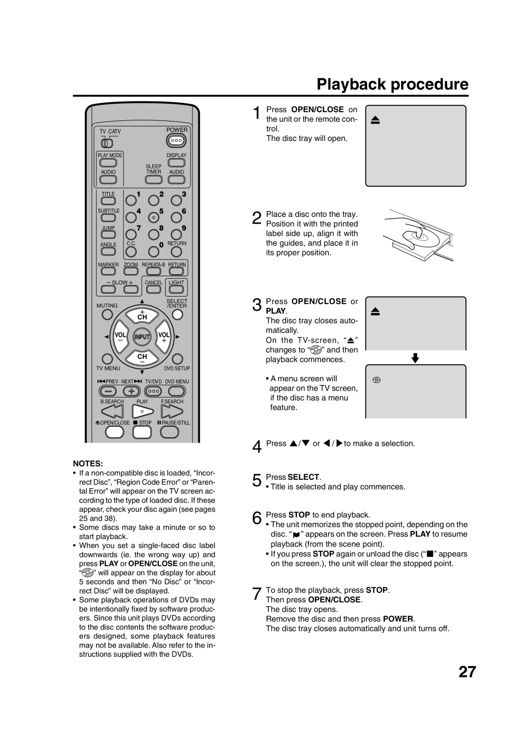 JVC AV-20FD24 manual Playback procedure, Press OPEN/CLOSE on the unit or the remote con- trol, Press OPEN/CLOSE or Play 