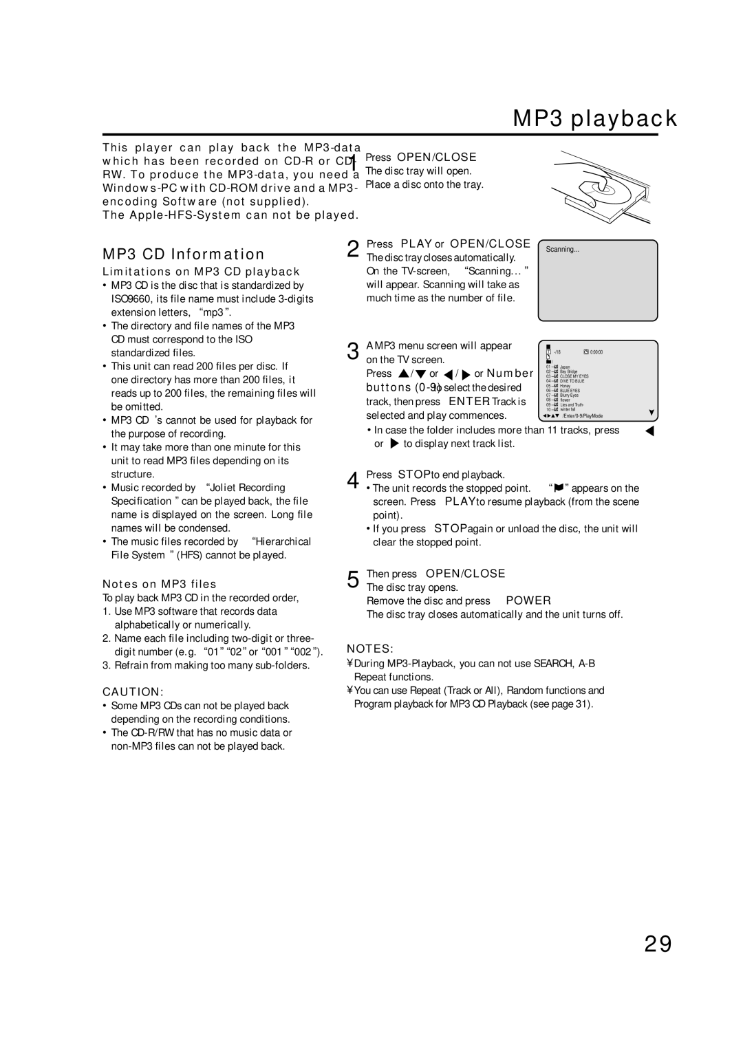 JVC AV-20FD24 MP3 playback, MP3 CD Information, Limitations on MP3 CD playback, Press OPEN/CLOSE, Press Play or OPEN/CLOSE 