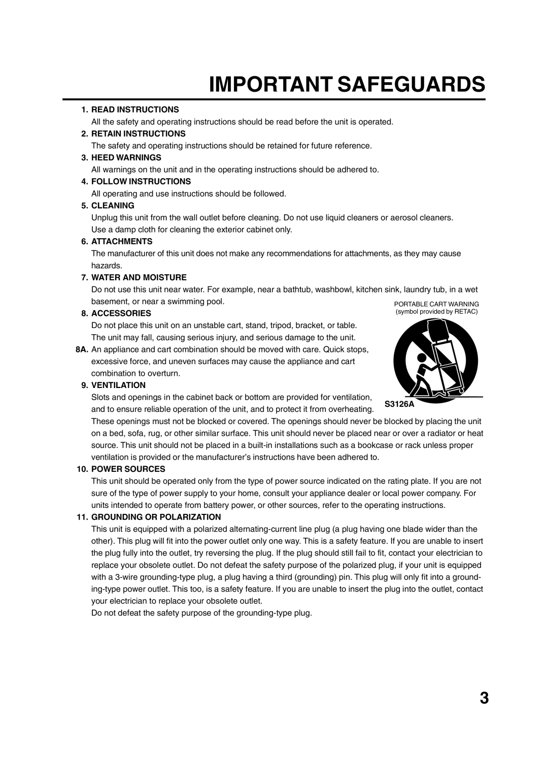 JVC AV-20FD24 manual Read Instructions, Retain Instructions, Heed Warnings, Follow Instructions, Cleaning, Attachments 