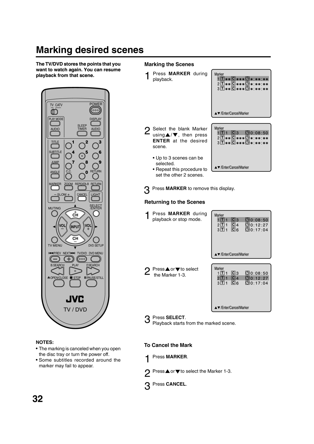 JVC AV-20FD24 manual Marking desired scenes, Marking the Scenes, Returning to the Scenes, To Cancel the Mark 