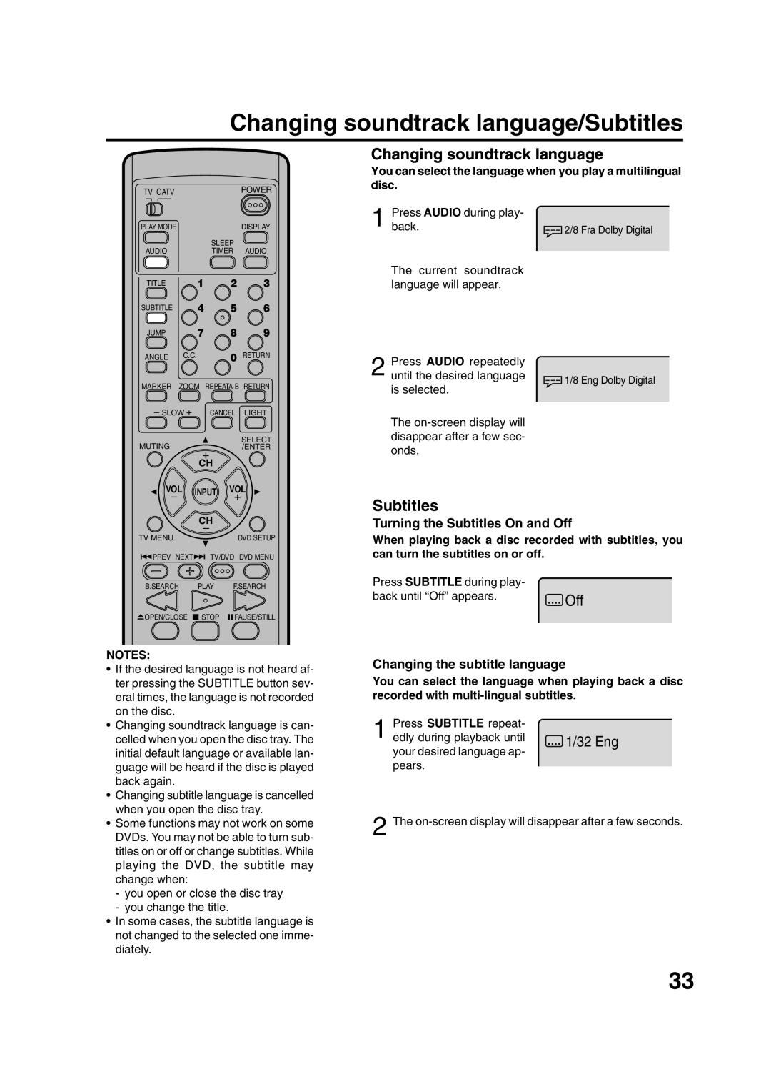 JVC AV-20FD24 Changing soundtrack language/Subtitles, Turning the Subtitles On and Off, Changing the subtitle language 