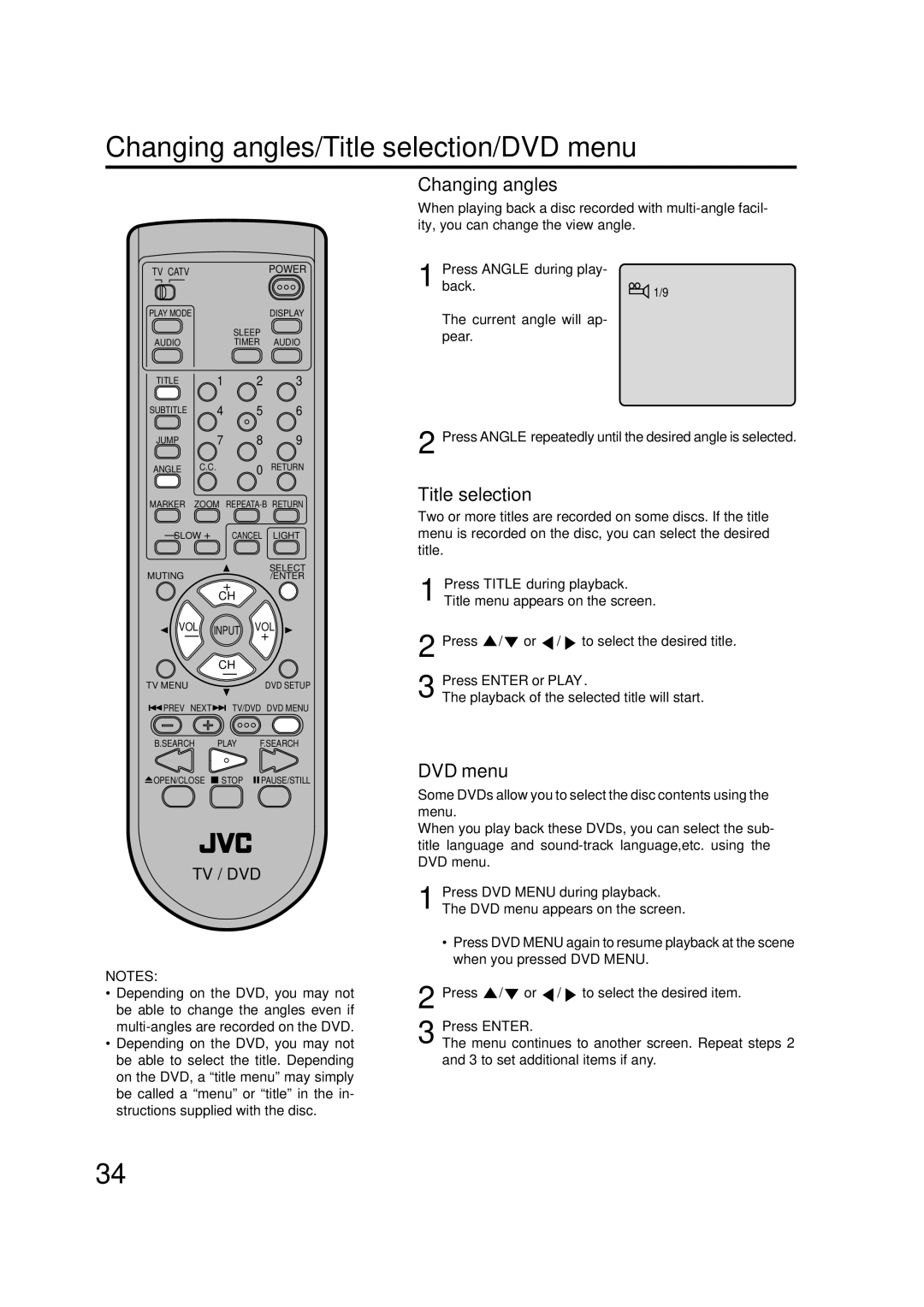 JVC AV-20FD24 manual Changing angles/Title selection/DVD menu, Angle during play 