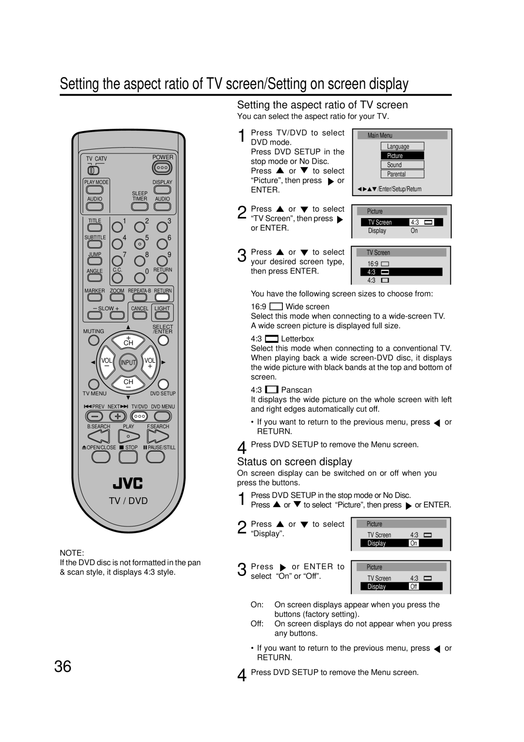 JVC AV-20FD24 manual Setting the aspect ratio of TV screen, Status on screen display, Return 