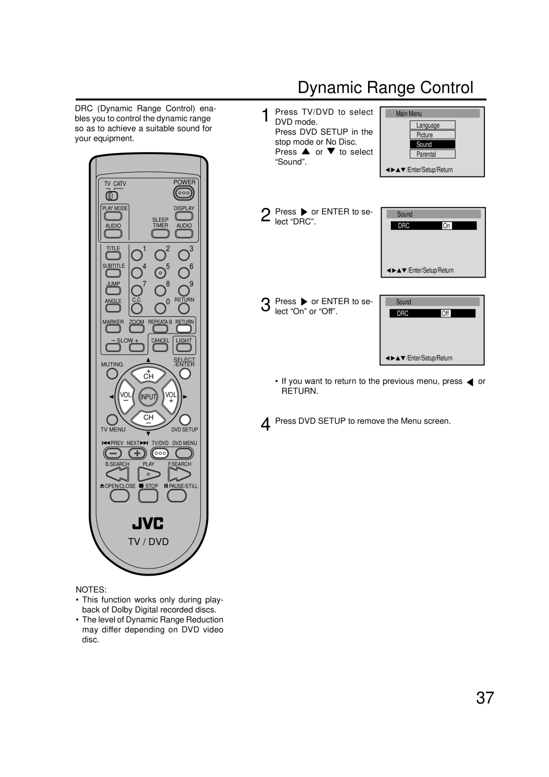 JVC AV-20FD24 manual Dynamic Range Control, Press or Enter to se- lect DRC, Press or Enter to se- lect On or Off 