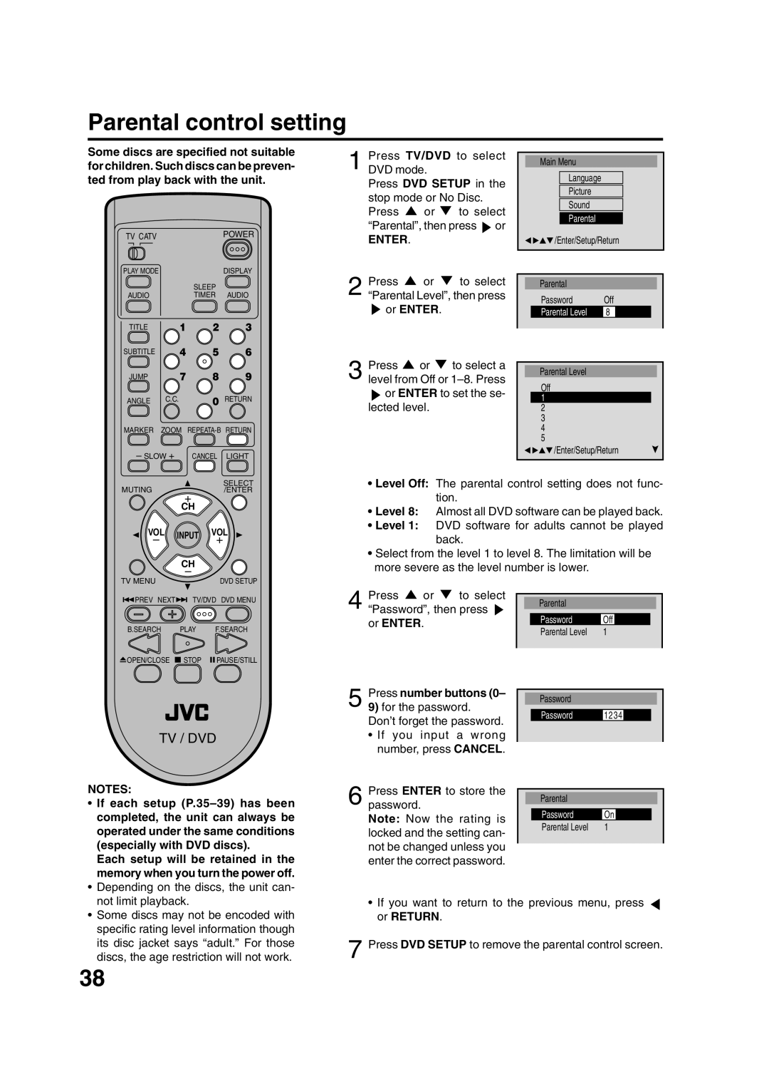 JVC AV-20FD24 manual Parental control setting 