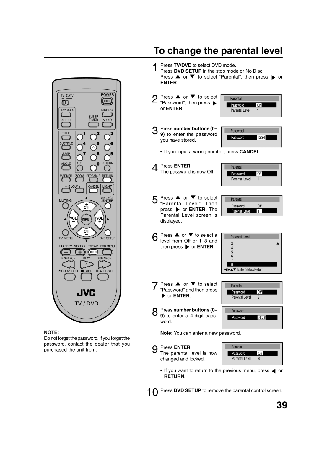 JVC AV-20FD24 manual To change the parental level 