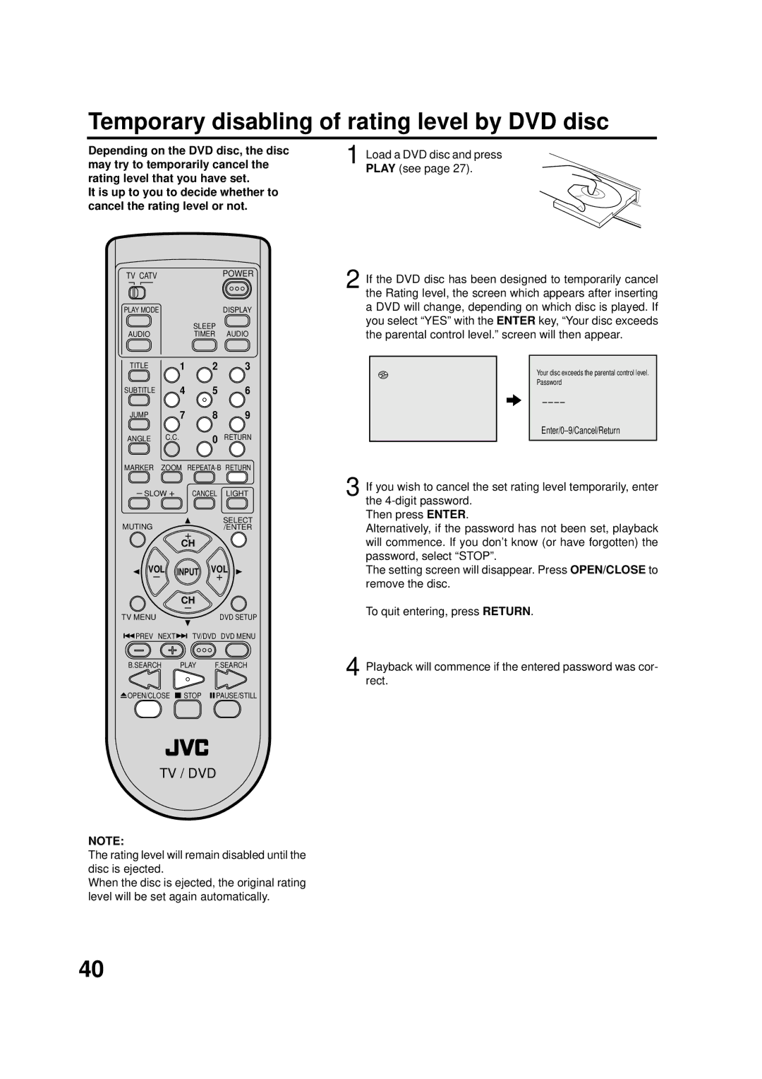 JVC AV-20FD24 manual Temporary disabling of rating level by DVD disc 