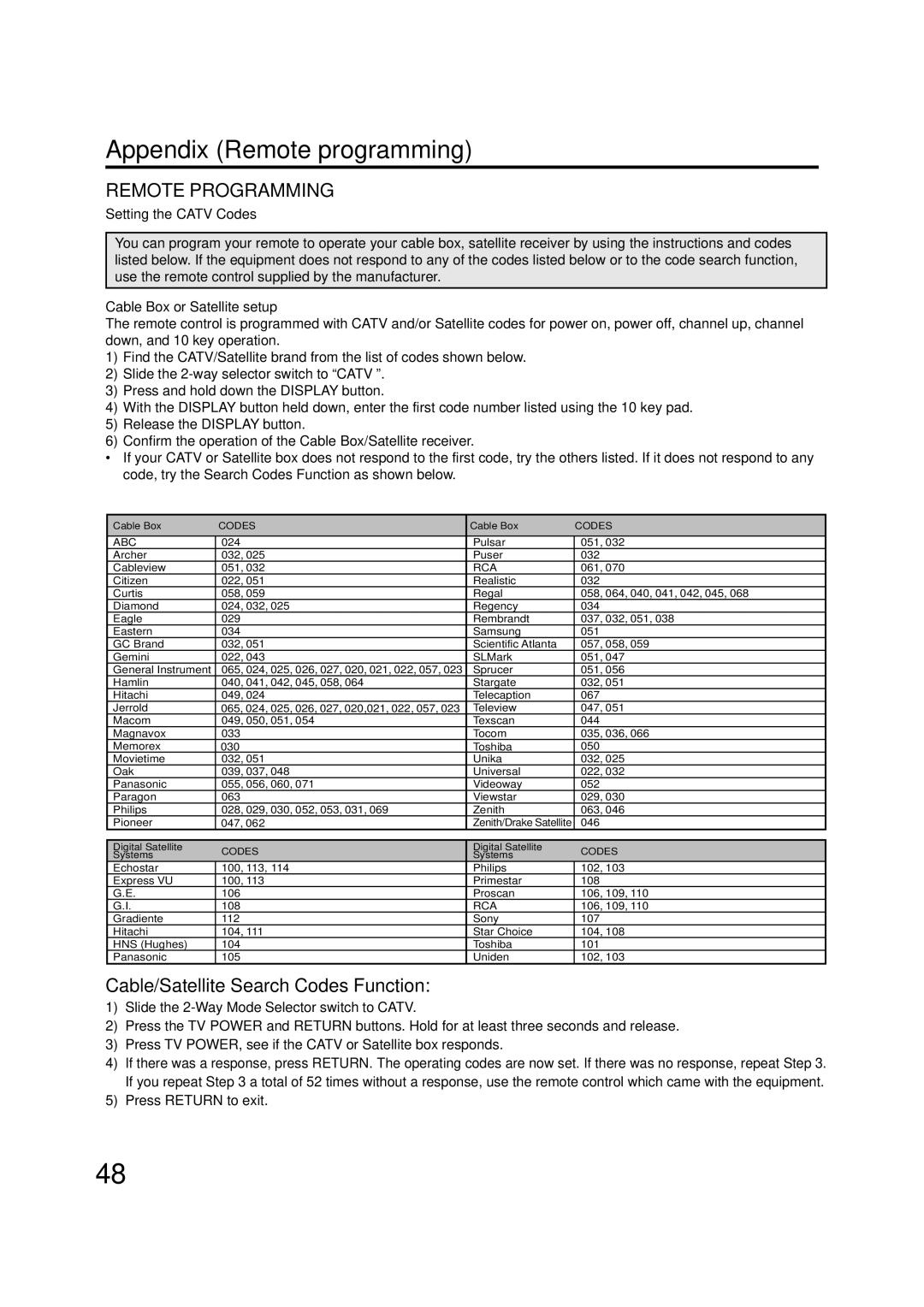 JVC AV-20FD24 manual Cable/Satellite Search Codes Function, Setting the Catv Codes, Cable Box or Satellite setup 