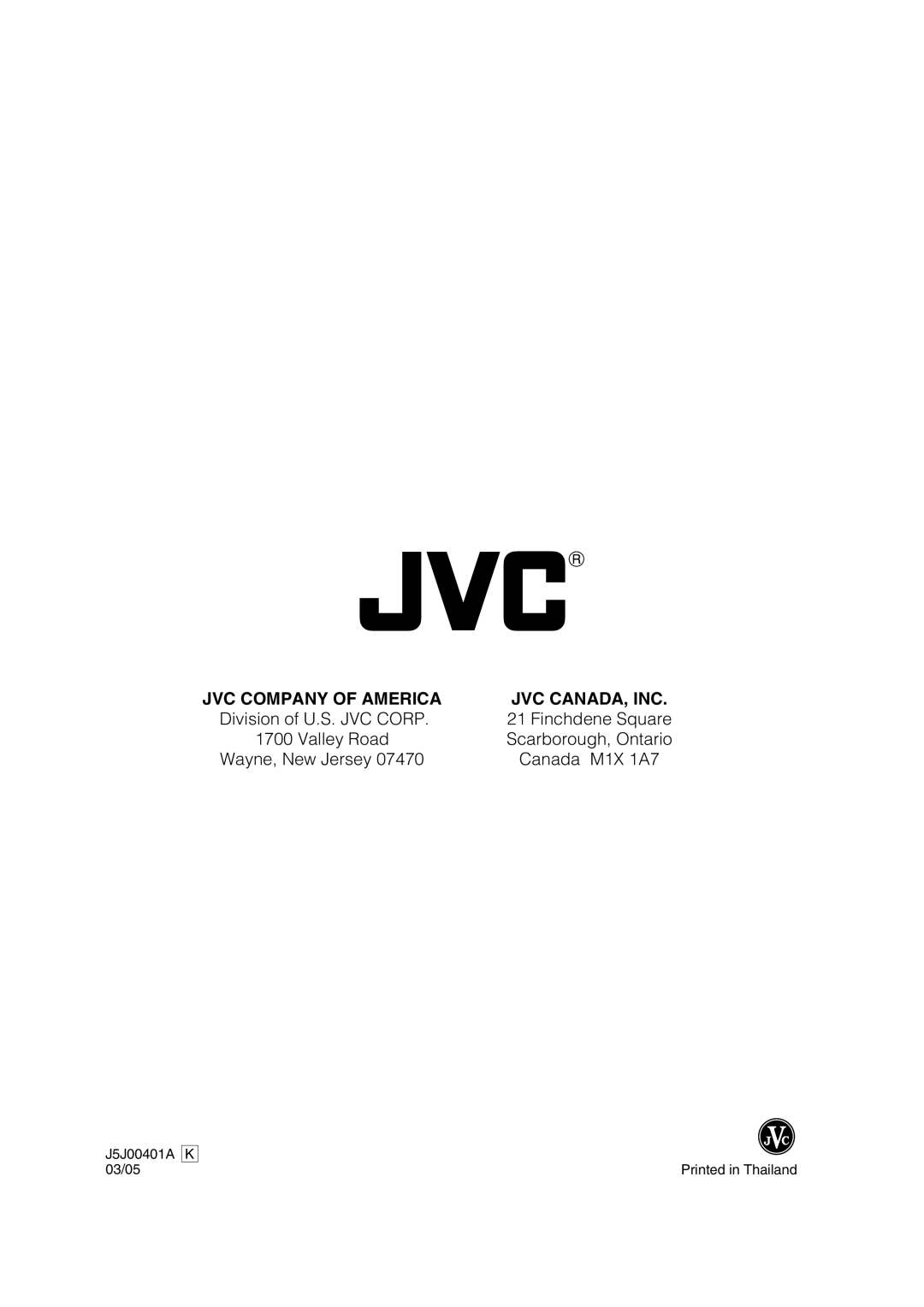 JVC AV-20FD24 manual JVC Company of America JVC CANADA, INC, J5J00401A 03/05 