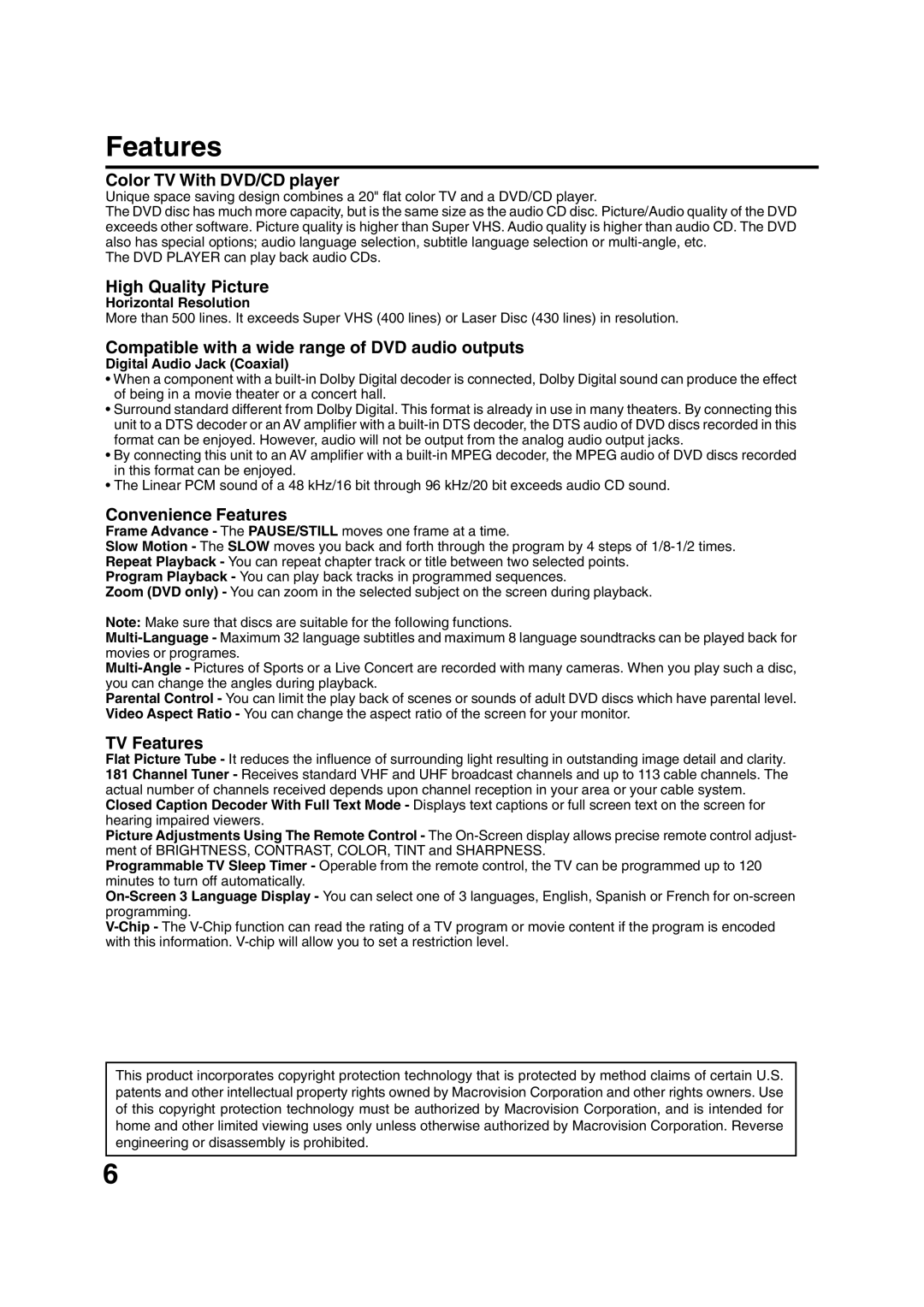 JVC AV-20FD24 manual Features, Horizontal Resolution, Digital Audio Jack Coaxial 