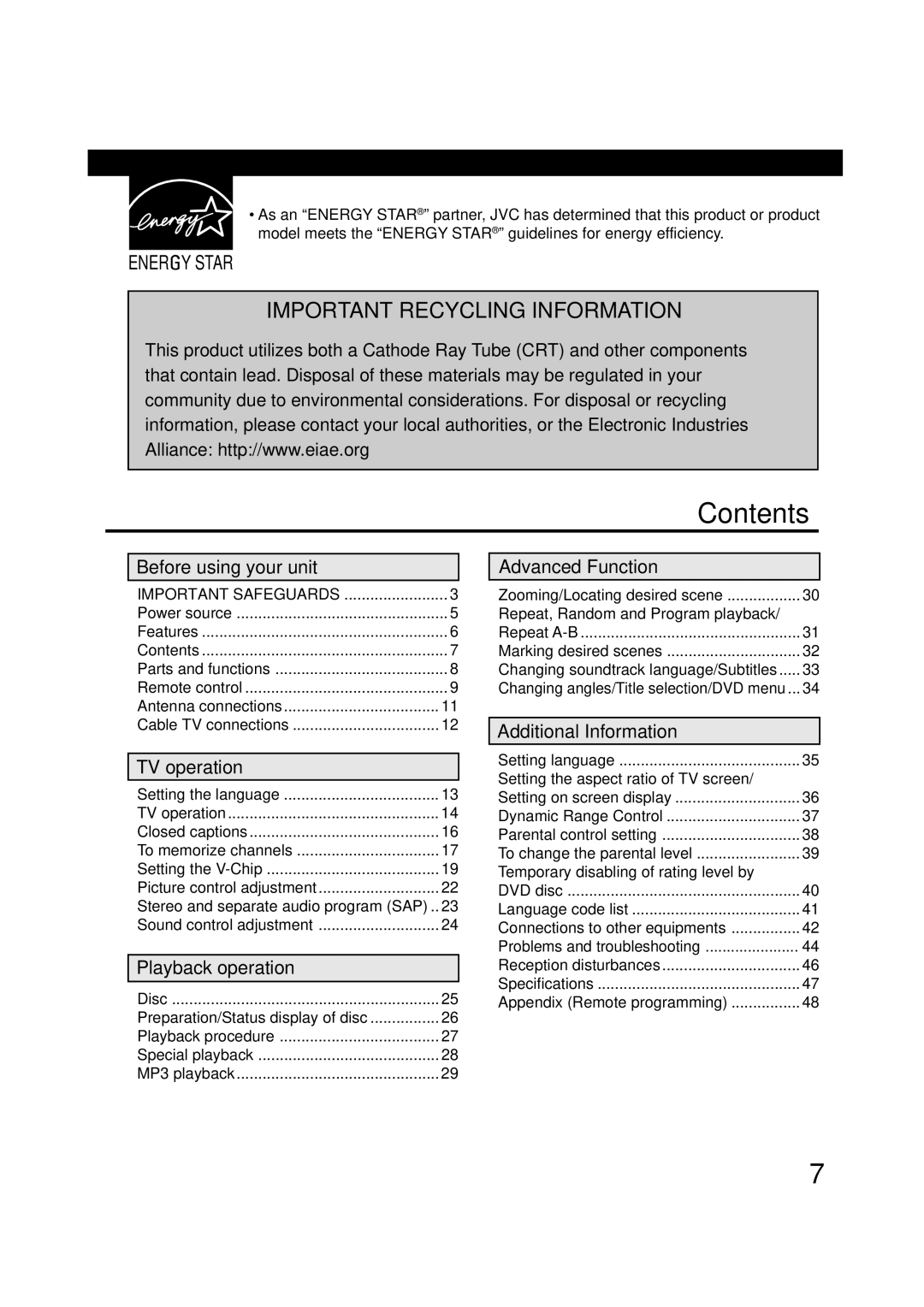 JVC AV-20FD24 manual Contents 