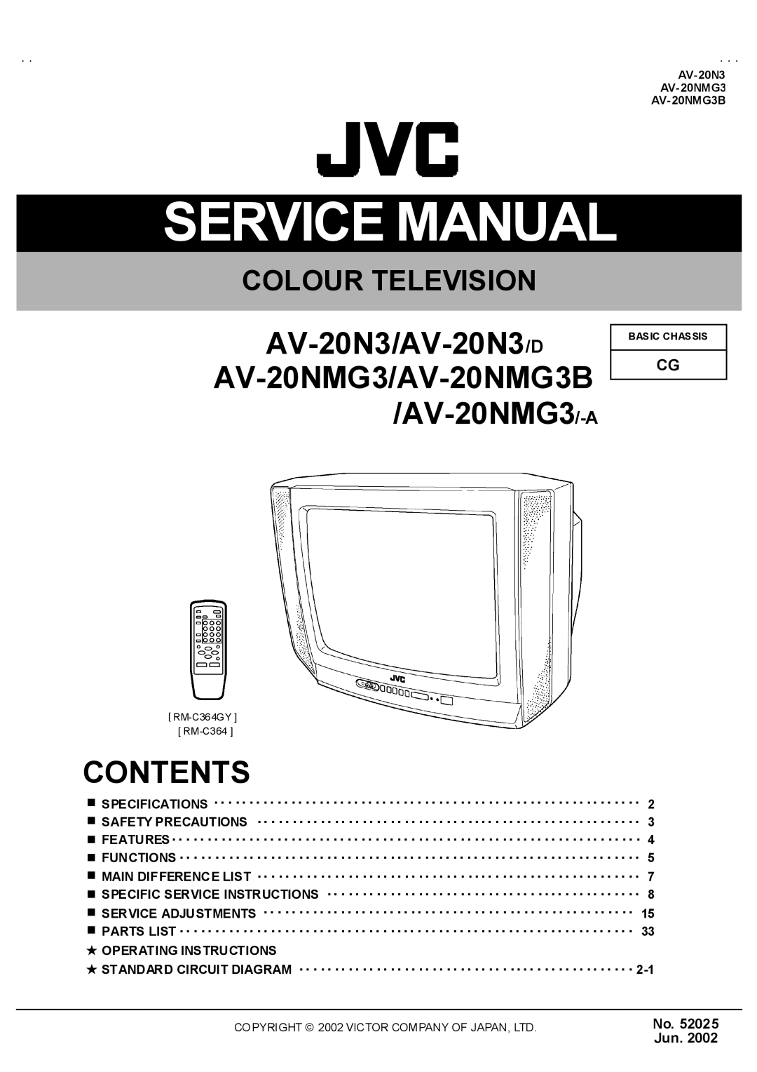 JVC AV-20NMG3/-A, AV-20N3/D, AV-20NMG3B service manual Contents 