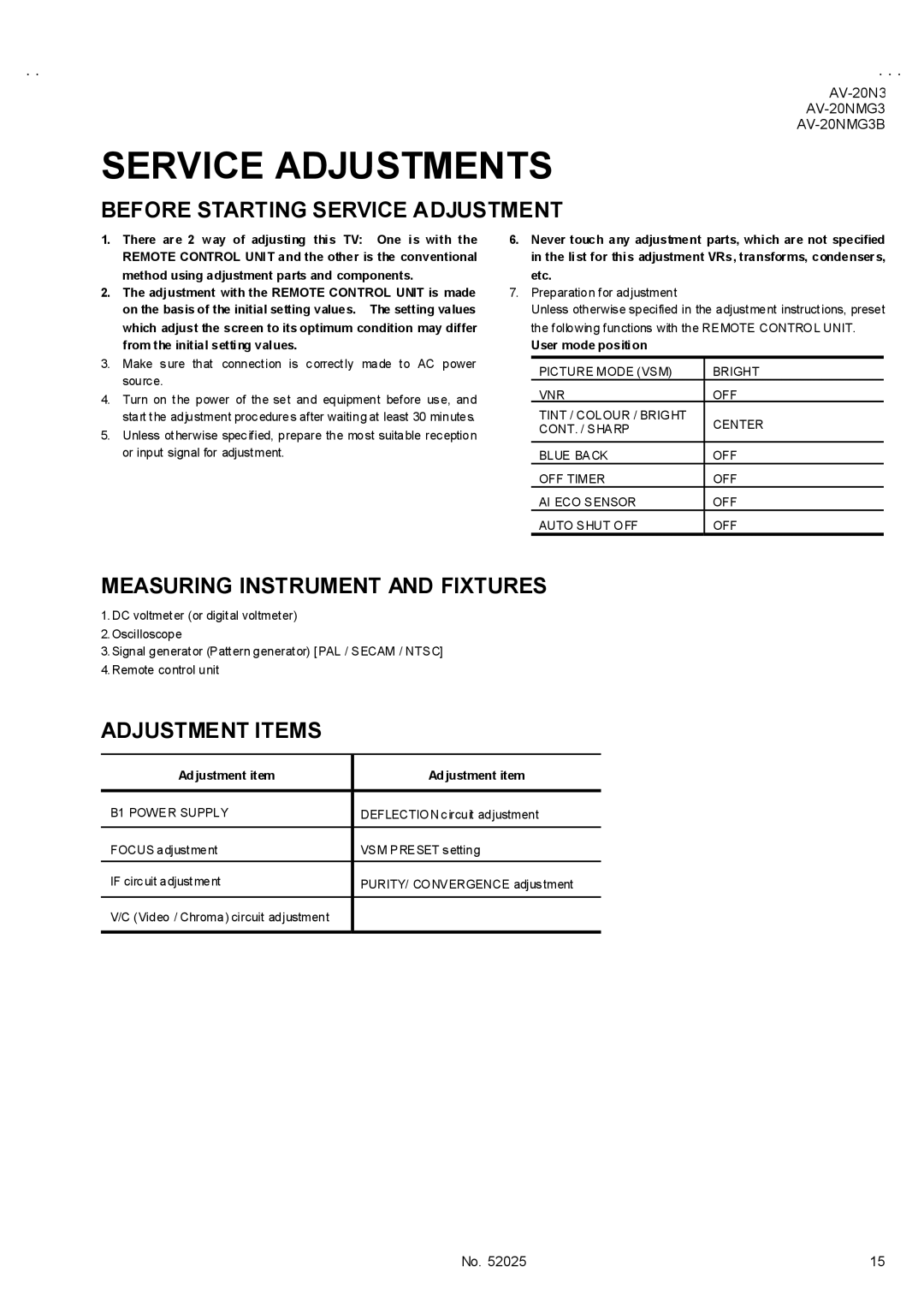 JVC AV-20N3/D Service Adjustments, Before Starting Service Adjustment, Measuring Instrument and Fixtures, Adjustment Items 