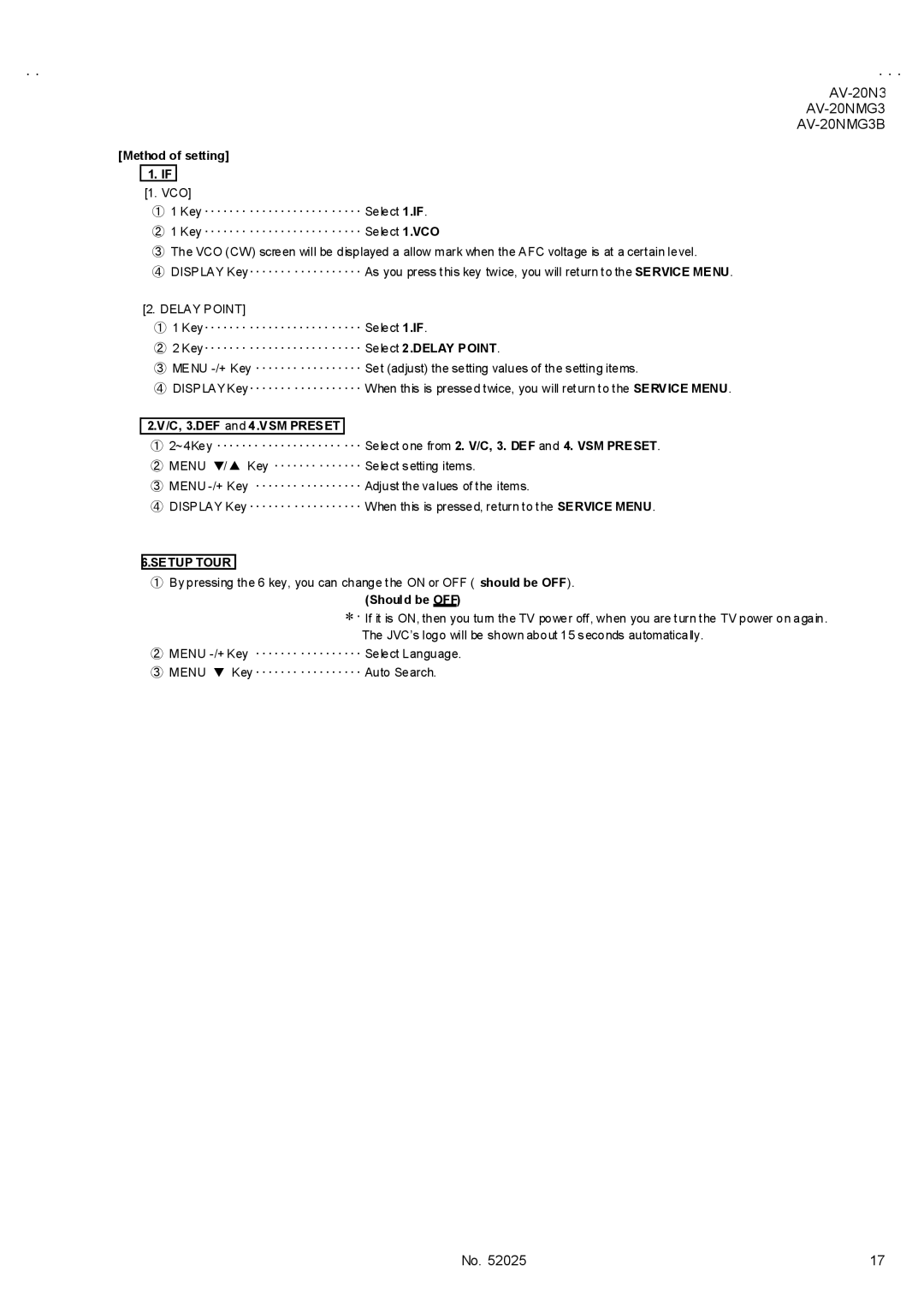 JVC AV-20N3/D, AV-20NMG3/-A, AV-20NMG3B Method of setting, C, 3.DEF and 4.VSM Preset, Setup Tour, Should be OFF 