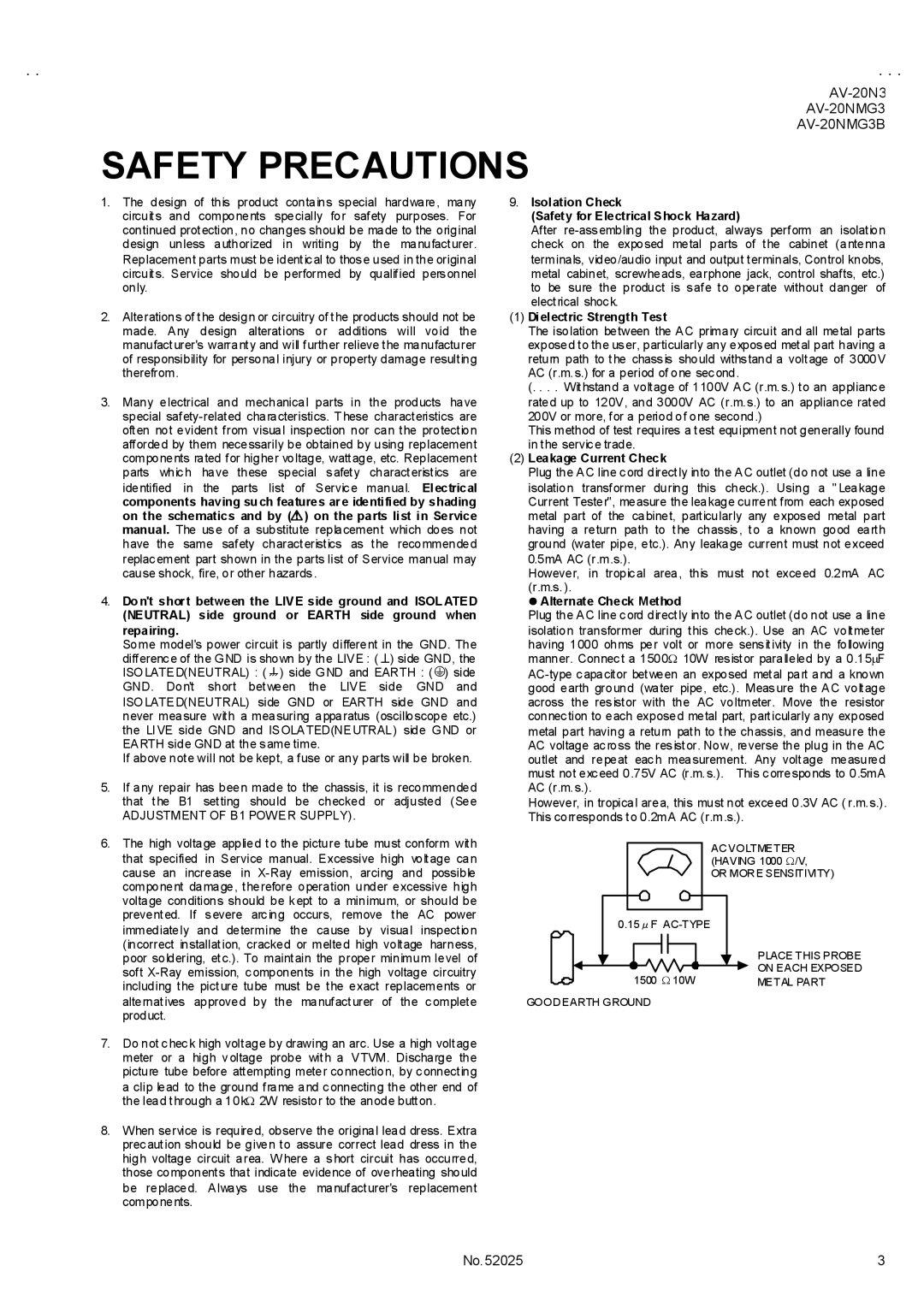 JVC AV-20NMG3B, AV-20N3/D, AV-20NMG3/-A service manual Safety Precautions 