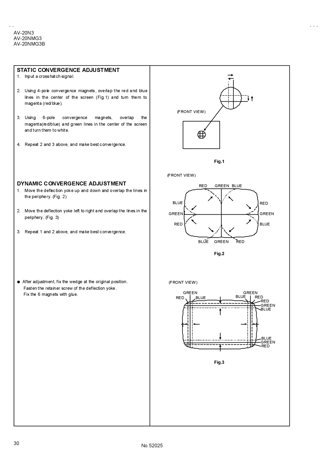 JVC AV-20N3/D, AV-20NMG3/-A, AV-20NMG3B service manual Static Convergence Adjustment, Dynamic Convergence Adjustment 