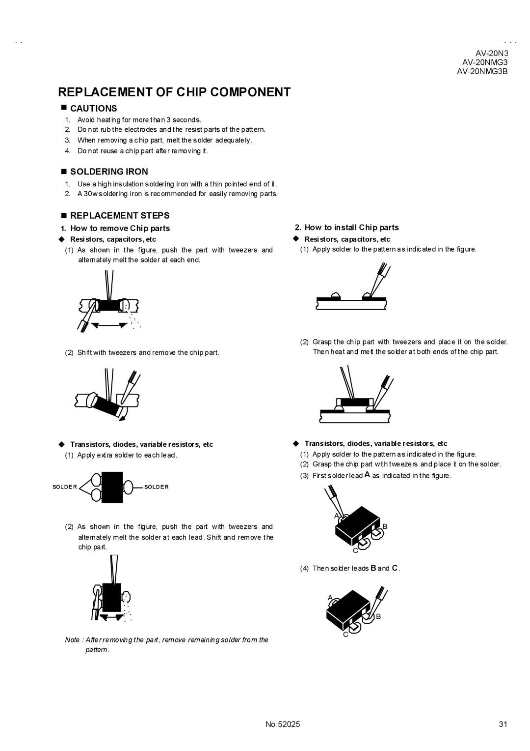 JVC AV-20NMG3/-A, AV-20N3/D, AV-20NMG3B service manual Replacement of Chip Component, Soldering Iron, Replacement Steps 