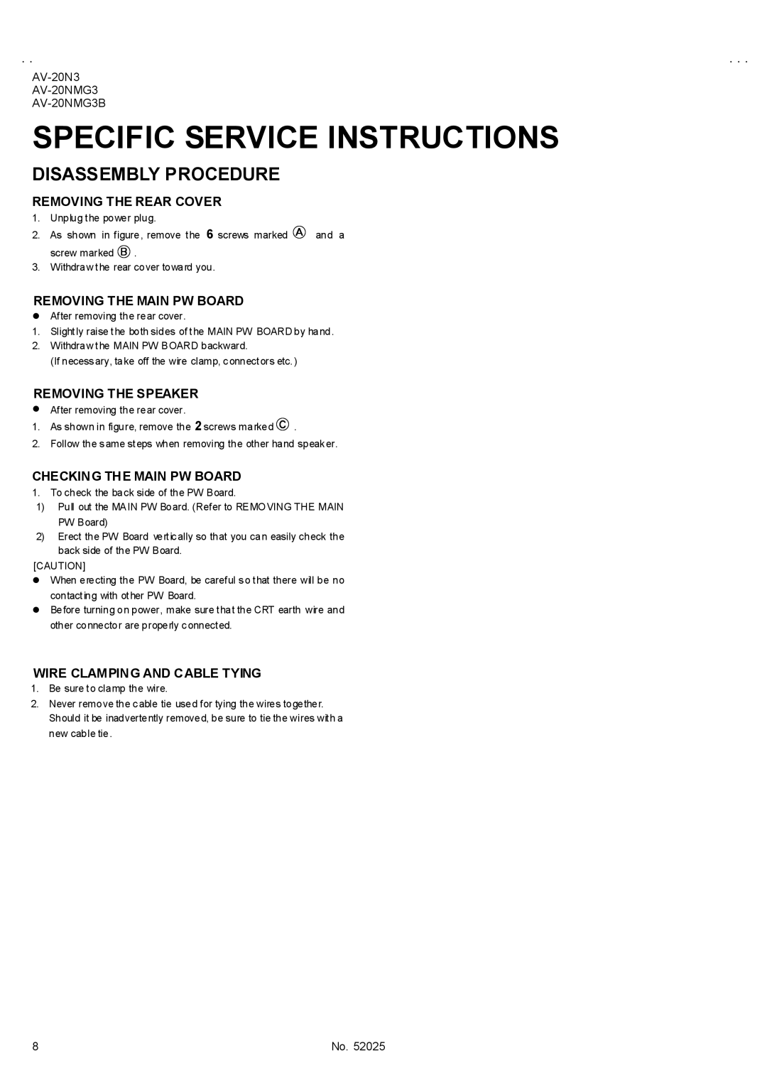 JVC AV-20NMG3B, AV-20N3/D, AV-20NMG3/-A service manual Specific Service Instructions, Disassembly Procedure 