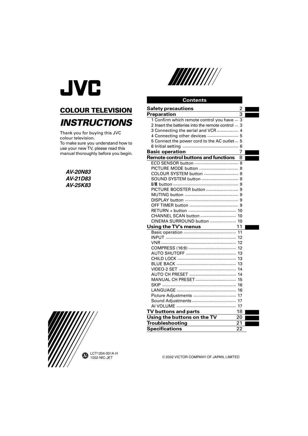 JVC AV-21D83, AV-20N83, AV-25K83 specifications Instructions 