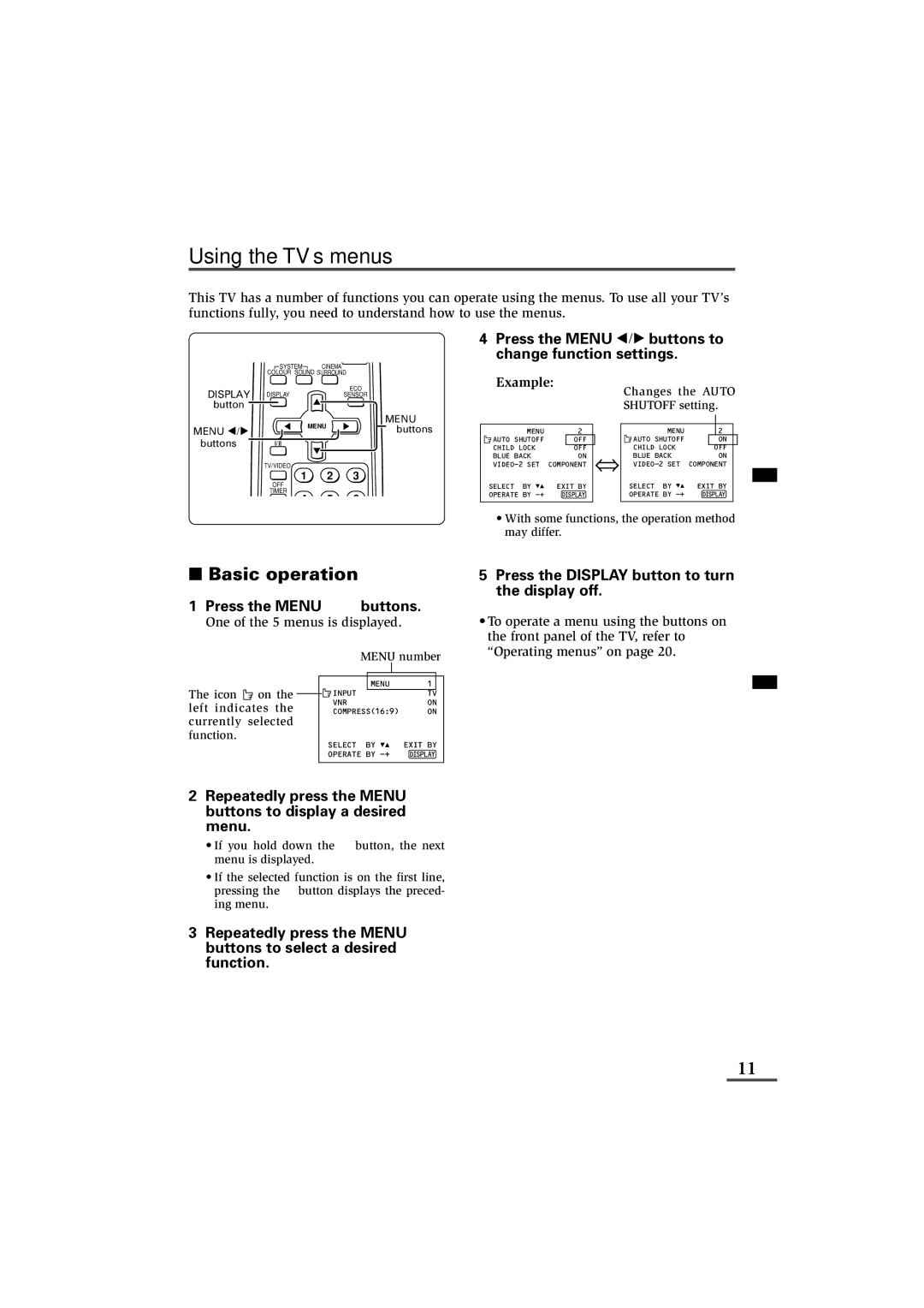 JVC AV-25K83, AV-20N83 Using the TV’s menus, Basic operation, Press the Menu / buttons to change function settings 