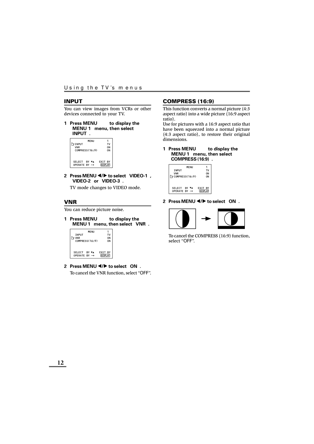 JVC AV-20N83, AV-21D83, AV-25K83 specifications Input, Vnr, Compress, Using the TV’s menus 