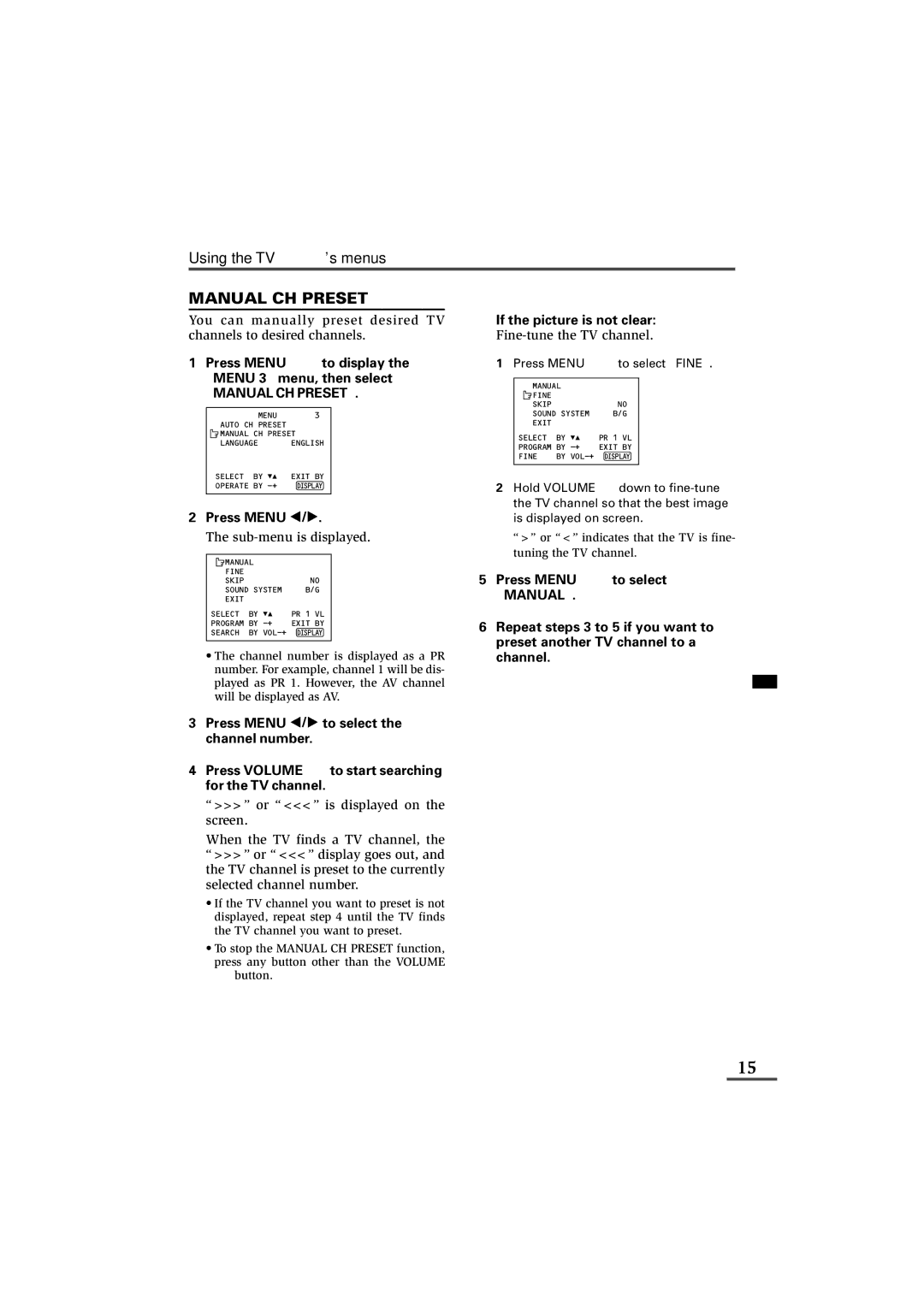 JVC AV-20N83, AV-21D83, AV-25K83 specifications Manual CH Preset, Press Menu Tto display the Menu 3 menu, then select 