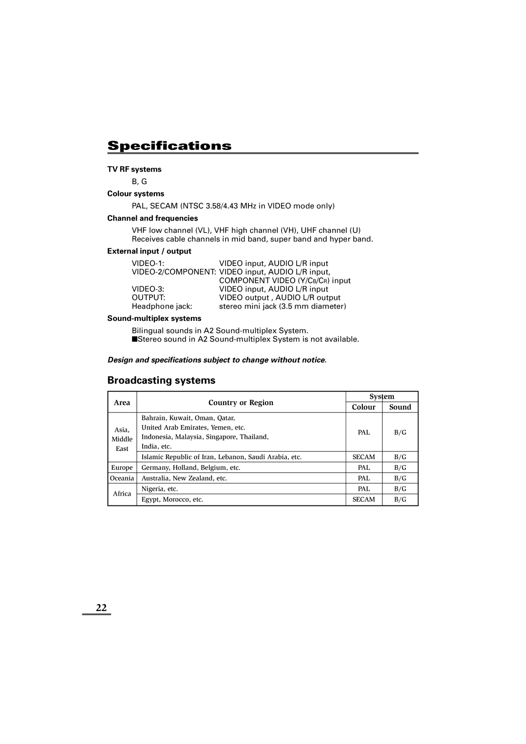 JVC AV-21D83, AV-20N83, AV-25K83 specifications Specifications, Broadcasting systems 