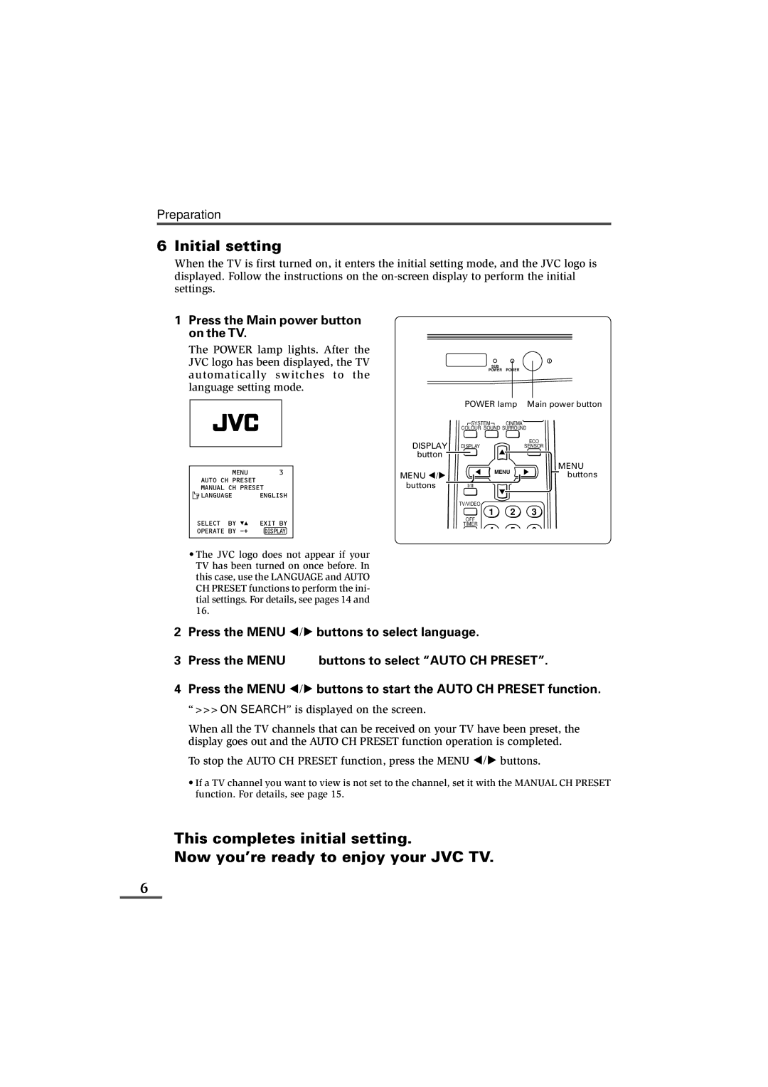 JVC AV-20N83, AV-21D83, AV-25K83 specifications Initial setting, Press the Main power button on the TV 